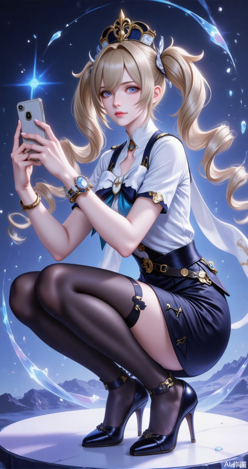babala,barbara \(genshin impact\),twintails,blonde hair,blue eyes,long hair,drill hair,twin drills,bowtie,hair between eyes,hair ornament,
1girl,solo,phone,thighhighs,selfie,skirt,cellphone,garter straps,holding phone,smartphone,full body,shirt,high heels,black skirt,squatting,holding,pencil skirt,white shirt,bracelet,black footwear,short sleeves,breasts,jewelry,black thighhighs,high-waist skirt,
cover,simple,background,gradient_background,Close-up details,outstanding style,adding a touch of dimension to your images without compromising details,close-up,guoman,lvjing