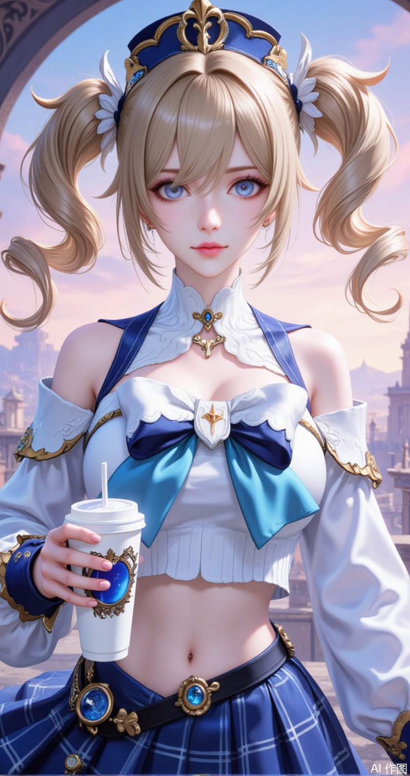 babala,barbara \(genshin impact\),twintails,blonde hair,blue eyes,long hair,drill hair,twin drills,bowtie,hair between eyes,hair ornament,
1girl,skirt,plaid skirt,realistic,solo,plaid,cup,blurry background,blurry,looking at viewer,holding,disposable cup,holding cup,hairband,sweater,necklace,crop top,blue hairband,midriff,shirt,jewelry,white sweater,off shoulder,white shirt, 
cover,simple,background,gradient_background,Close-up details,outstanding style,adding a touch of dimension to your images without compromising details,close-up,guoman,lvjing