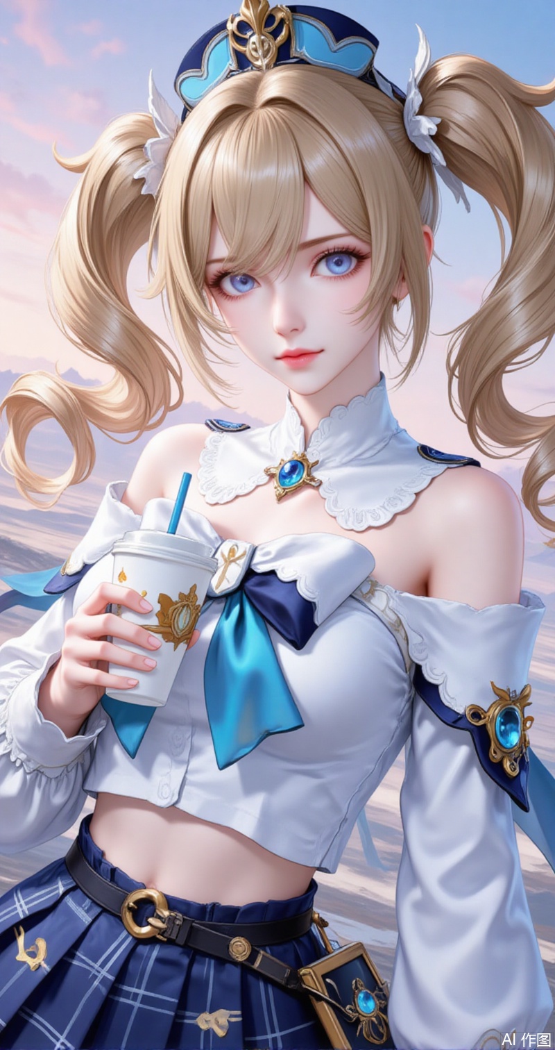 babala,barbara \(genshin impact\),twintails,blonde hair,blue eyes,long hair,drill hair,twin drills,bowtie,hair between eyes,hair ornament,
1girl,skirt,plaid skirt,realistic,solo,plaid,cup,blurry background,blurry,looking at viewer,holding,disposable cup,holding cup,hairband,sweater,necklace,crop top,blue hairband,midriff,shirt,jewelry,white sweater,off shoulder,white shirt, 
cover,simple,background,gradient_background,Close-up details,outstanding style,adding a touch of dimension to your images without compromising details,close-up,guoman,lvjing