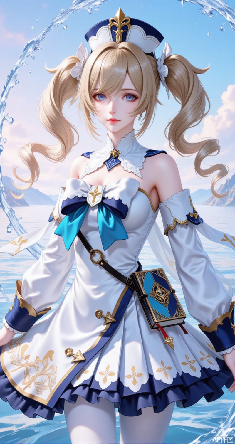 babala,1girl,barbara \(genshin impact\),solo,dress,twintails,blonde hair,blue eyes,white dress,pantyhose,looking at viewer,white pantyhose,water,detached sleeves,bare shoulders,long sleeves,bow,white headwear,hat,long hair,parted lips,drill hair,twin drills,frills,frilled dress,bowtie,cross,breasts,hair between eyes,vision \(genshin impact\),white sleeves,sky,book,latin cross,detached collar,hair ornament,6,
cover,simple,background,gradient_background,Close-up details,outstanding style,adding a touch of dimension to your images without compromising details,close-up,guoman,lvjing