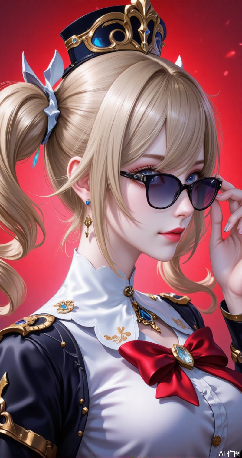 babala,barbara \(genshin impact\),twintails,blonde hair,blue eyes,long hair,drill hair,twin drills,bowtie,hair between eyes,hair ornament,
1girl,solo,jewelry,earrings,looking at viewer,red lips,sunglasses,looking over eyewear,white shirt,shirt,necklace,lipstick,makeup,closed mouth,collared shirt,jacket,simple background,collarbone,red_background,profile,eyelashes,black jacket,lips,
cover,simple,background,gradient_background,Close-up details,outstanding style,adding a touch of dimension to your images without compromising details,close-up,guoman,lvjing