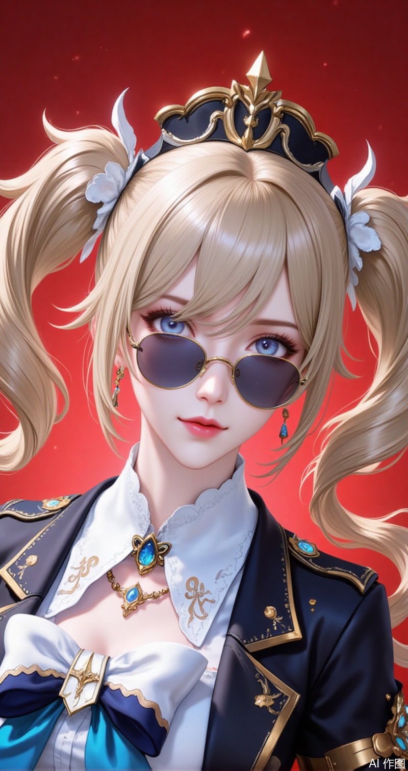 babala,barbara \(genshin impact\),twintails,blonde hair,blue eyes,long hair,drill hair,twin drills,bowtie,hair between eyes,hair ornament,
1girl,solo,jewelry,earrings,looking at viewer,red lips,sunglasses,looking over eyewear,white shirt,shirt,necklace,lipstick,makeup,closed mouth,collared shirt,jacket,simple background,collarbone,red_background,profile,eyelashes,black jacket,lips,
cover,simple,background,gradient_background,Close-up details,outstanding style,adding a touch of dimension to your images without compromising details,close-up,guoman,lvjing