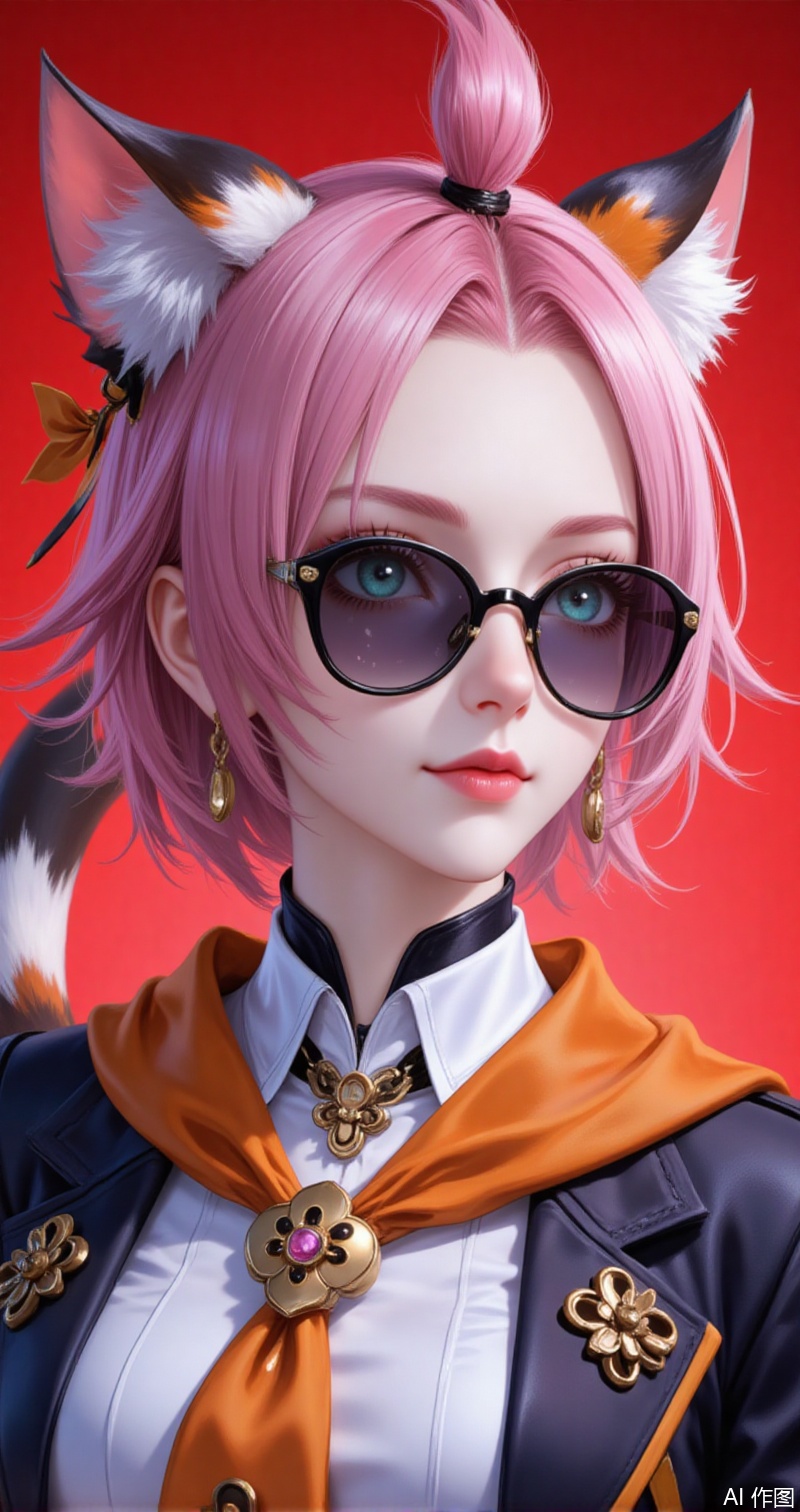 diaona,(child:1.2),diona \(genshin impact\),animal ears,cat ears,pink hair,animal ear fluff,short hair,cat girl,cat tail,green eyes,bangs pinned back,ribbon,orange scarf,aqua eyes,
1girl,solo,jewelry,earrings,looking at viewer,red lips,sunglasses,looking over eyewear,white shirt,shirt,necklace,lipstick,makeup,closed mouth,collared shirt,jacket,simple background,collarbone,red_background,profile,eyelashes,black jacket,lips,
cover,simple,background,gradient_background,Close-up details,outstanding style,adding a touch of dimension to your images without compromising details,close-up,guoman,lvjing