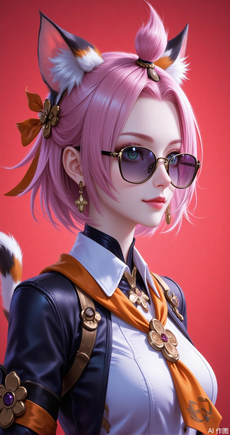 diaona,(child:1.2),diona \(genshin impact\),animal ears,cat ears,pink hair,animal ear fluff,short hair,cat girl,cat tail,green eyes,bangs pinned back,ribbon,orange scarf,aqua eyes,
1girl,solo,jewelry,earrings,looking at viewer,red lips,sunglasses,looking over eyewear,white shirt,shirt,necklace,lipstick,makeup,closed mouth,collared shirt,jacket,simple background,collarbone,red_background,profile,eyelashes,black jacket,lips,
cover,simple,background,gradient_background,Close-up details,outstanding style,adding a touch of dimension to your images without compromising details,close-up,guoman,lvjing