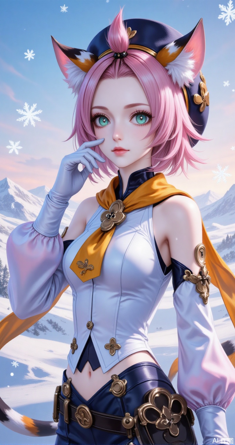 diaona,(child:1.2),1girl,diona \(genshin impact\),animal ears,solo,navel,cat ears,pink hair,animal ear fluff,short hair,looking at viewer,tail,cat girl,hat,cat tail,gloves,green eyes,detached sleeves,midriff,sky,forehead,beret,sleeveless shirt,shirt,closed mouth,outdoors,bare shoulders,bangs pinned back,white shirt,sleeveless,black headwear,long sleeves,white gloves,ribbon,snowflakes,stomach,shorts,snow,upper body,orange scarf,aqua eyes,puffy sleeves,hand up,8,
cover,simple,background,gradient_background,Close-up details,outstanding style,adding a touch of dimension to your images without compromising details,close-up,guoman,lvjing