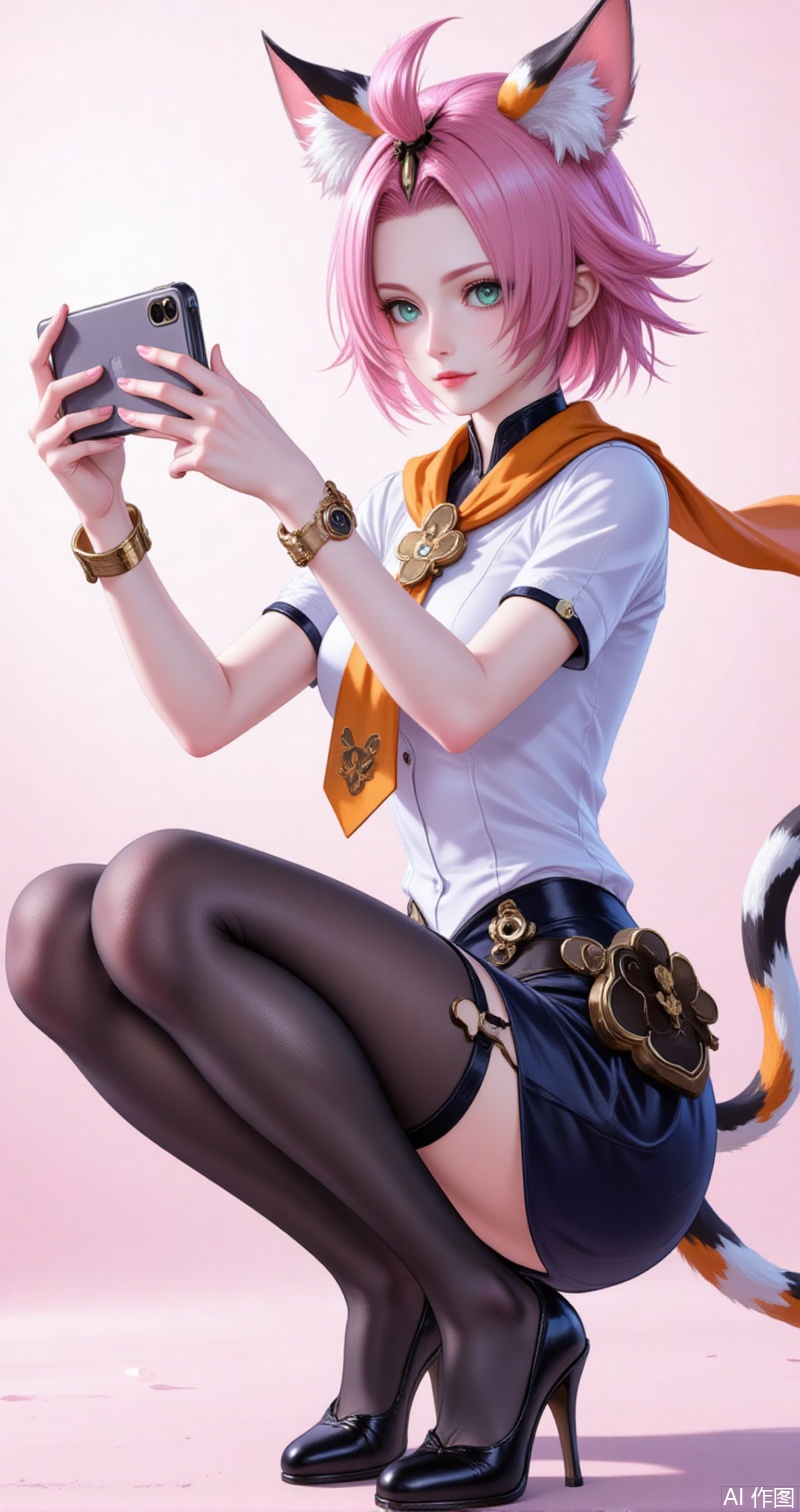 diaona,(child:1.2),diona \(genshin impact\),animal ears,cat ears,pink hair,animal ear fluff,short hair,cat girl,cat tail,green eyes,bangs pinned back,ribbon,orange scarf,aqua eyes,
1girl,solo,phone,thighhighs,selfie,skirt,cellphone,garter straps,holding phone,smartphone,full body,shirt,high heels,black skirt,squatting,holding,pencil skirt,white shirt,bracelet,black footwear,short sleeves,breasts,jewelry,black thighhighs,high-waist skirt,
cover,simple,background,gradient_background,Close-up details,outstanding style,adding a touch of dimension to your images without compromising details,close-up,guoman,lvjing