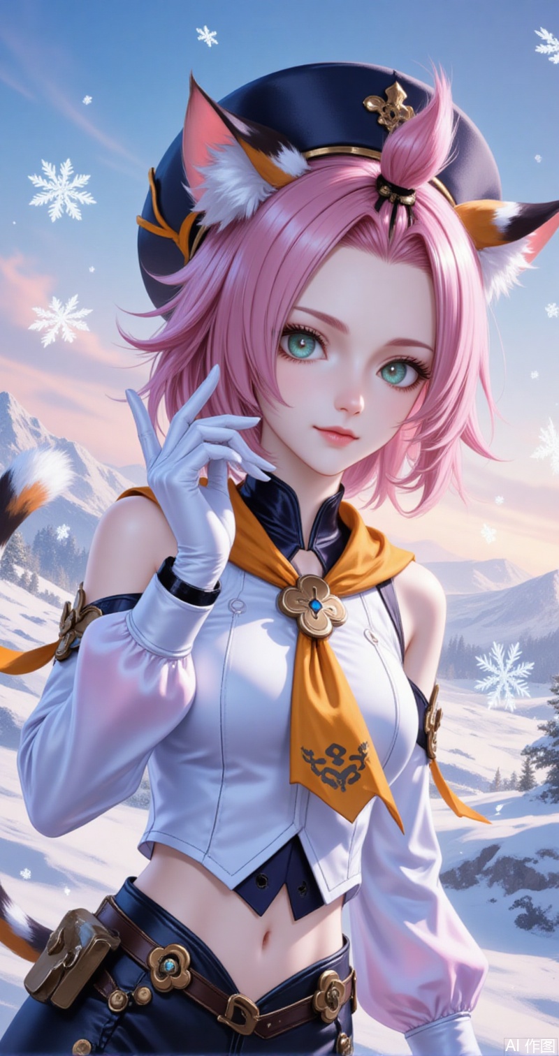diaona,(child:1.2),1girl,diona \(genshin impact\),animal ears,solo,navel,cat ears,pink hair,animal ear fluff,short hair,looking at viewer,tail,cat girl,hat,cat tail,gloves,green eyes,detached sleeves,midriff,sky,forehead,beret,sleeveless shirt,shirt,closed mouth,outdoors,bare shoulders,bangs pinned back,white shirt,sleeveless,black headwear,long sleeves,white gloves,ribbon,snowflakes,stomach,shorts,snow,upper body,orange scarf,aqua eyes,puffy sleeves,hand up,8,
cover,simple,background,gradient_background,Close-up details,outstanding style,adding a touch of dimension to your images without compromising details,close-up,guoman,lvjing