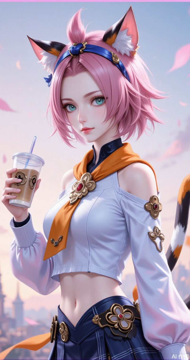 diaona,(child:1.2),diona \(genshin impact\),animal ears,cat ears,pink hair,animal ear fluff,short hair,cat girl,cat tail,green eyes,bangs pinned back,ribbon,orange scarf,aqua eyes,
1girl,skirt,plaid skirt,realistic,solo,plaid,cup,blurry background,blurry,looking at viewer,holding,disposable cup,holding cup,hairband,sweater,necklace,crop top,blue hairband,midriff,shirt,jewelry,white sweater,off shoulder,white shirt, 
cover,simple,background,gradient_background,Close-up details,outstanding style,adding a touch of dimension to your images without compromising details,close-up,guoman,lvjing