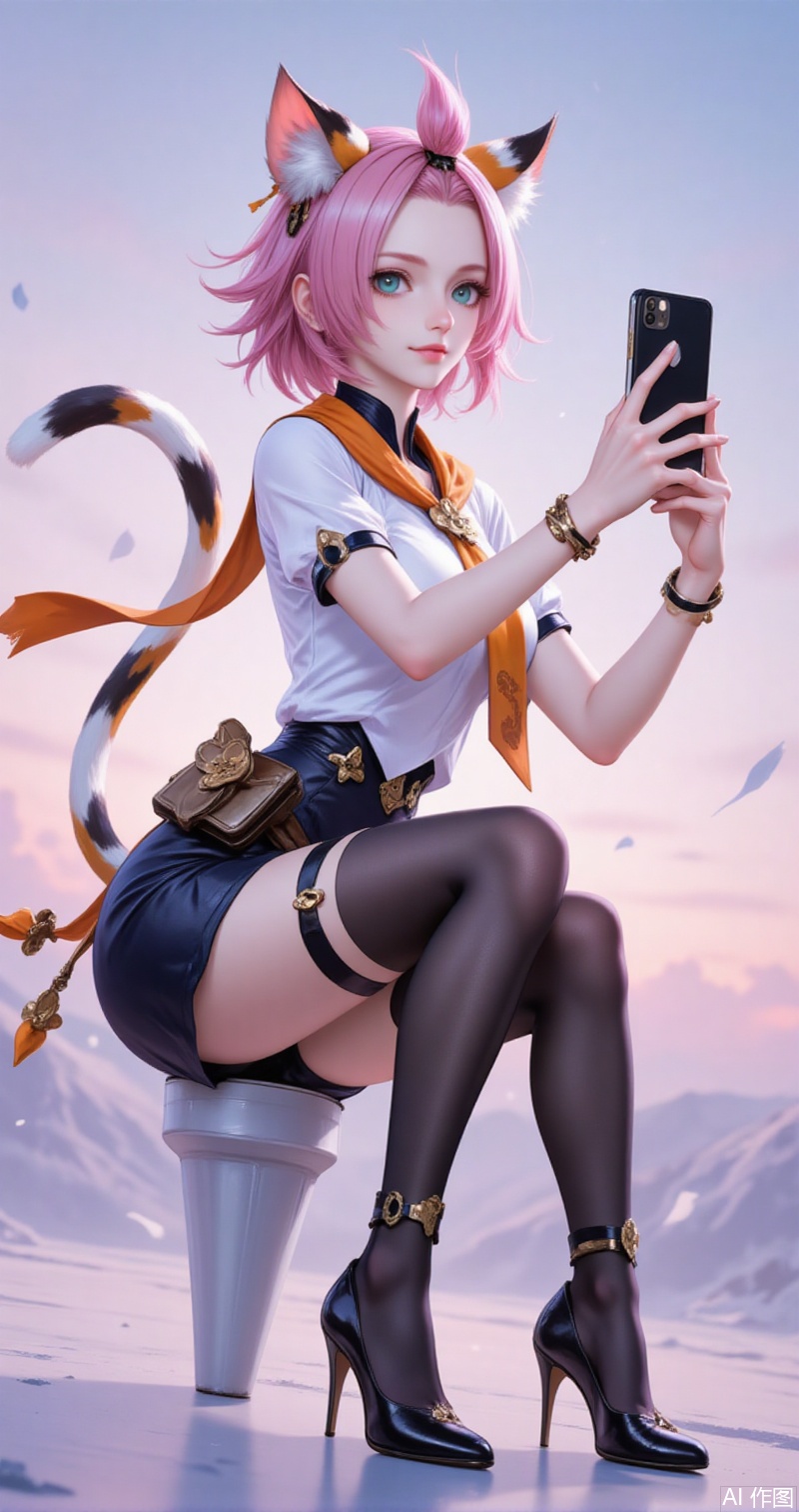 diaona,(child:1.2),diona \(genshin impact\),animal ears,cat ears,pink hair,animal ear fluff,short hair,cat girl,cat tail,green eyes,bangs pinned back,ribbon,orange scarf,aqua eyes,
1girl,solo,phone,thighhighs,selfie,skirt,cellphone,garter straps,holding phone,smartphone,full body,shirt,high heels,black skirt,squatting,holding,pencil skirt,white shirt,bracelet,black footwear,short sleeves,breasts,jewelry,black thighhighs,high-waist skirt,
cover,simple,background,gradient_background,Close-up details,outstanding style,adding a touch of dimension to your images without compromising details,close-up,guoman,lvjing