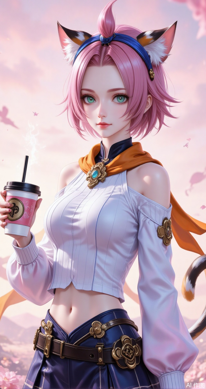 diaona,(child:1.2),diona \(genshin impact\),animal ears,cat ears,pink hair,animal ear fluff,short hair,cat girl,cat tail,green eyes,bangs pinned back,ribbon,orange scarf,aqua eyes,
1girl,skirt,plaid skirt,realistic,solo,plaid,cup,blurry background,blurry,looking at viewer,holding,disposable cup,holding cup,hairband,sweater,necklace,crop top,blue hairband,midriff,shirt,jewelry,white sweater,off shoulder,white shirt, 
cover,simple,background,gradient_background,Close-up details,outstanding style,adding a touch of dimension to your images without compromising details,close-up,guoman,lvjing