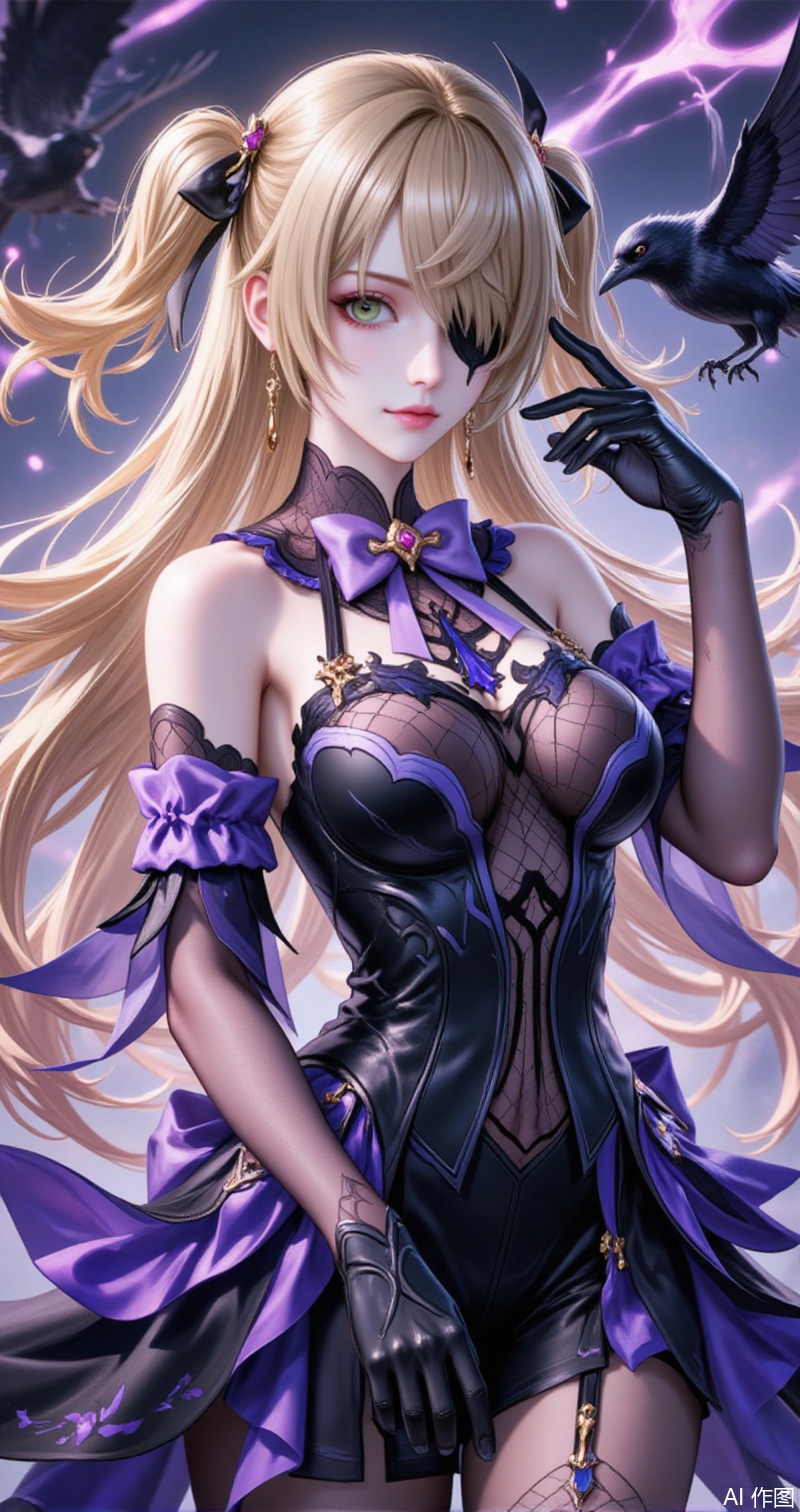 feixieer,1girl,fischl \(genshin impact\),green eyes,eyepatch,blonde hair,bird,two side up,gloves,long hair,solo,breasts,bow,crow,bowtie,ribbon,bare shoulders,hair ribbon,purple bowtie,looking at viewer,parted lips,black gloves,dress,upper body,purple bow,hair over one eye,black dress,hand up,detached sleeves,small breasts,medium breasts,bodystocking,black ribbon,fishnets,5,
cover,simple,background,gradient_background,Close-up details,outstanding style,adding a touch of dimension to your images without compromising details,close-up,guoman,lvjing,