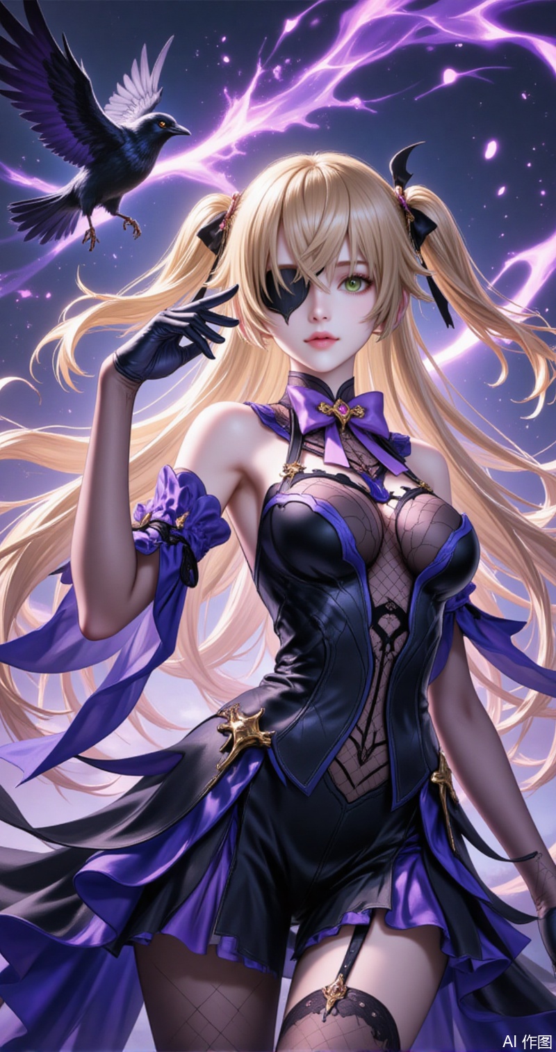 feixieer,1girl,fischl \(genshin impact\),green eyes,eyepatch,blonde hair,bird,two side up,gloves,long hair,solo,breasts,bow,crow,bowtie,ribbon,bare shoulders,hair ribbon,purple bowtie,looking at viewer,parted lips,black gloves,dress,upper body,purple bow,hair over one eye,black dress,hand up,detached sleeves,small breasts,medium breasts,bodystocking,black ribbon,fishnets,5,
cover,simple,background,gradient_background,Close-up details,outstanding style,adding a touch of dimension to your images without compromising details,close-up,guoman,lvjing,