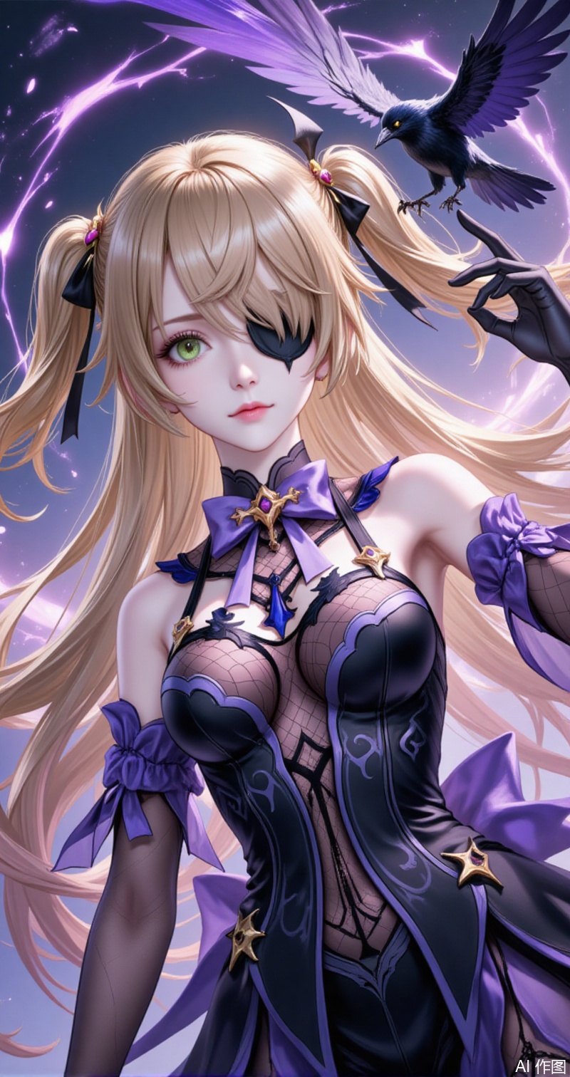 feixieer,1girl,fischl \(genshin impact\),green eyes,eyepatch,blonde hair,bird,two side up,gloves,long hair,solo,breasts,bow,crow,bowtie,ribbon,bare shoulders,hair ribbon,purple bowtie,looking at viewer,parted lips,black gloves,dress,upper body,purple bow,hair over one eye,black dress,hand up,detached sleeves,small breasts,medium breasts,bodystocking,black ribbon,fishnets,5,
cover,simple,background,gradient_background,Close-up details,outstanding style,adding a touch of dimension to your images without compromising details,close-up,guoman,lvjing,