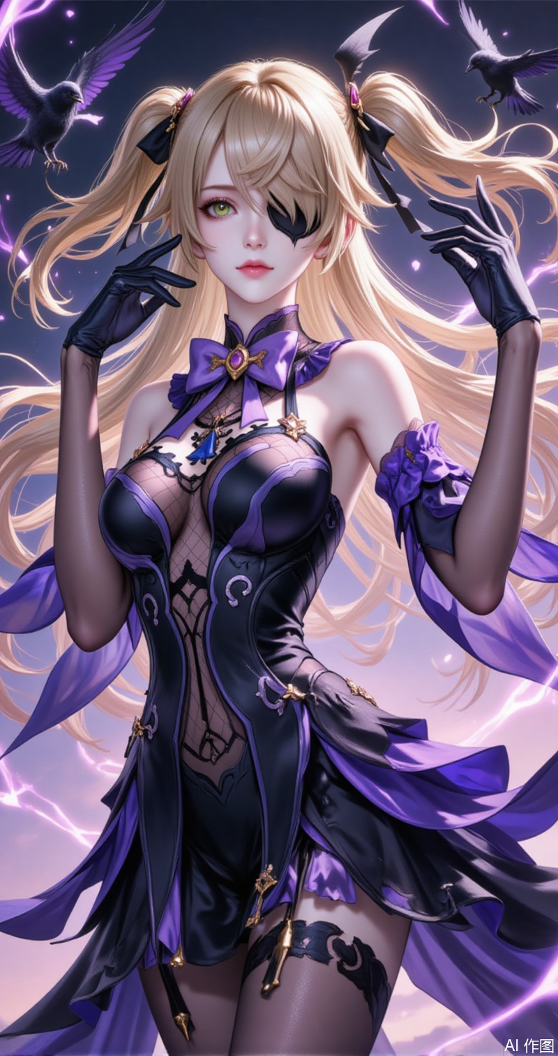 feixieer,1girl,fischl \(genshin impact\),green eyes,eyepatch,blonde hair,bird,two side up,gloves,long hair,solo,breasts,bow,crow,bowtie,ribbon,bare shoulders,hair ribbon,purple bowtie,looking at viewer,parted lips,black gloves,dress,upper body,purple bow,hair over one eye,black dress,hand up,detached sleeves,small breasts,medium breasts,bodystocking,black ribbon,fishnets,5,
cover,simple,background,gradient_background,Close-up details,outstanding style,adding a touch of dimension to your images without compromising details,close-up,guoman,lvjing,