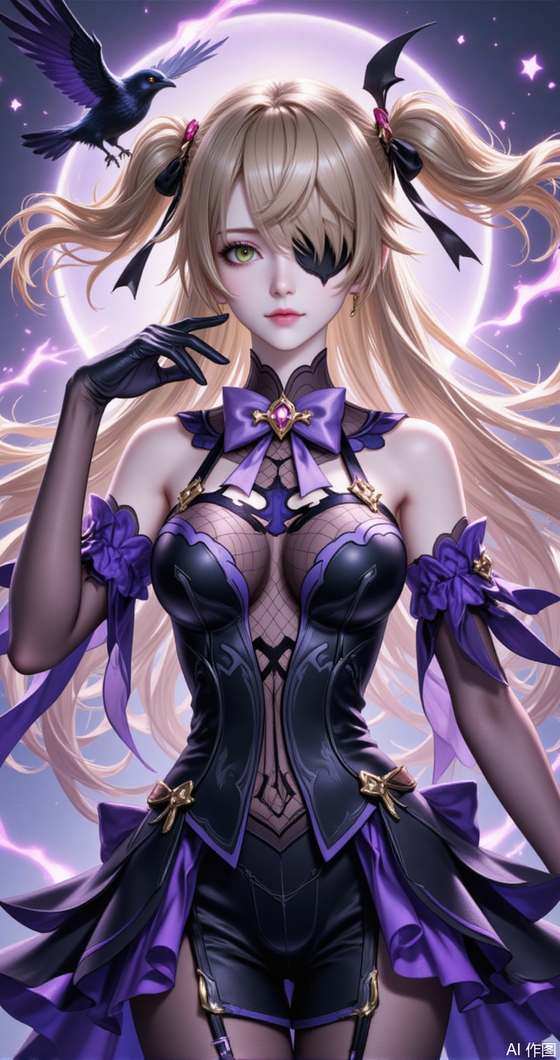 feixieer,1girl,fischl \(genshin impact\),green eyes,eyepatch,blonde hair,bird,two side up,gloves,long hair,solo,breasts,bow,crow,bowtie,ribbon,bare shoulders,hair ribbon,purple bowtie,looking at viewer,parted lips,black gloves,dress,upper body,purple bow,hair over one eye,black dress,hand up,detached sleeves,small breasts,medium breasts,bodystocking,black ribbon,fishnets,5,
cover,simple,background,gradient_background,Close-up details,outstanding style,adding a touch of dimension to your images without compromising details,close-up,guoman,lvjing,