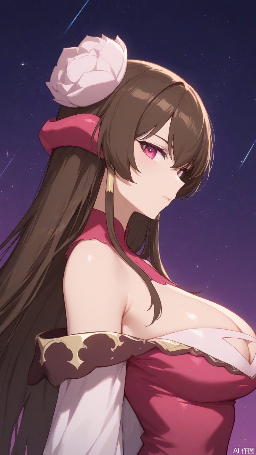 general, sfw, (Best quality, masterpiece, exquisite skin), (starlight and beam background:1.1), woman, solo, looking at viewer, upper_body, side view