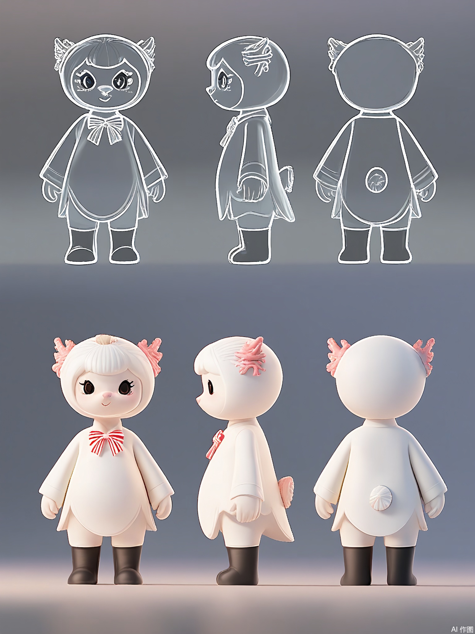 XGXR,
XGXR, Digital art of a charming, plump, coral and mint cartoon character, a tiny, round, imaginary creature with a seashell-shaped head, standing on two little legs, sporting a mint striped bow tie, and a coral pearl on its chest. The character has large, sparkling eyes and a tiny, triangular nose. The background is a plain white with a light diagonal gradient. The character is depicted from three views: front, side, and back. The front view presents the character's front and side, the side view displays the character's side and back, and the back view reveals the character's back and side. The character has a playful and welcoming expression.
