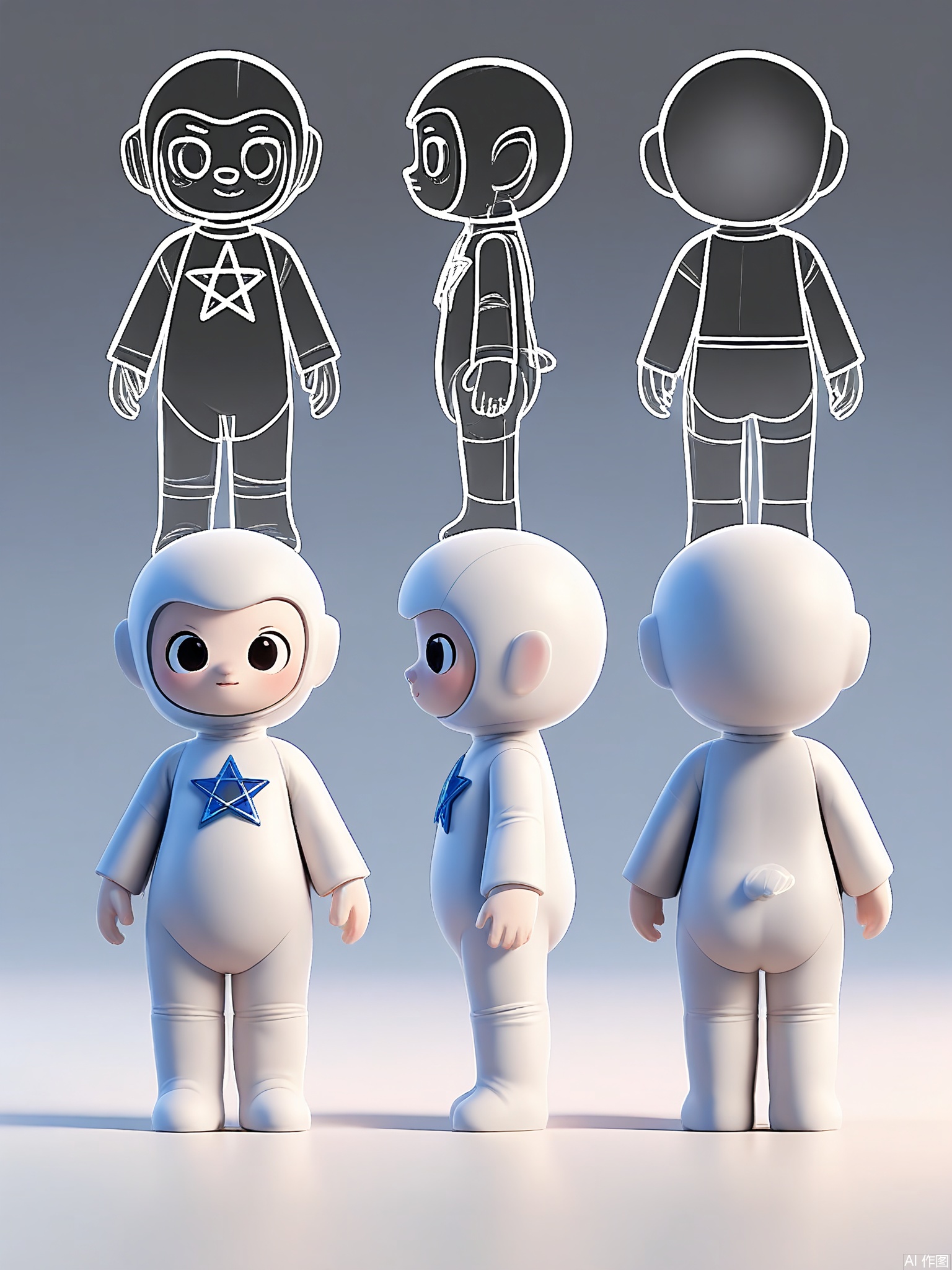 XGXR,
Digital rendering of an adorable, chubby, blue and silver cartoon character, a small humanoid creature with a spaceship-shaped head, standing firmly, wearing a silver helmet, and a blue star on its chest. The character has wide, curious eyes and a small, silver nose. The background is a plain white with a light sky-blue gradient. The character is shown from three perspectives: front, side, and back. The front view shows the front and a bit of the side, the side view presents the side and back, and the back view displays the back and a small part of the side. The character has an adventurous and excited look.
