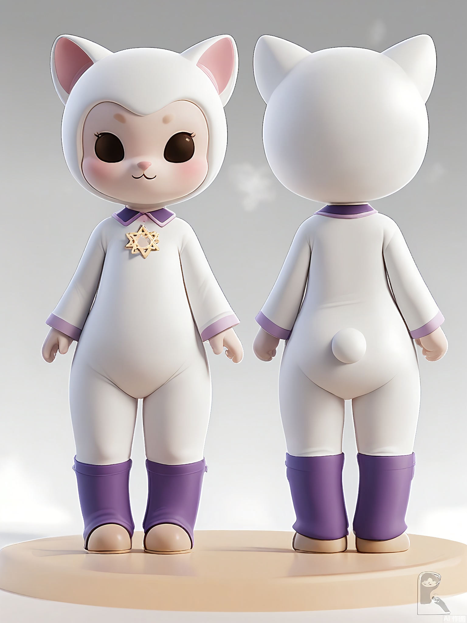 XGXR,
XGXR, Digital art of a cute, pudgy, plum and cream cartoon character, a small, round, magical animal with a teacup-shaped head, standing on two legs, wearing a cream saucer collar, and a plum steam pattern on its chest. The character has huge, expressive eyes and a small, pointed nose. The background is white with a faint horizontal gradient. The character is presented from three angles: front, side, and back. The front view displays the front and side, the side view reveals the side and back, and the back view shows the back and side. The character has a warm and tea-loving expression.
