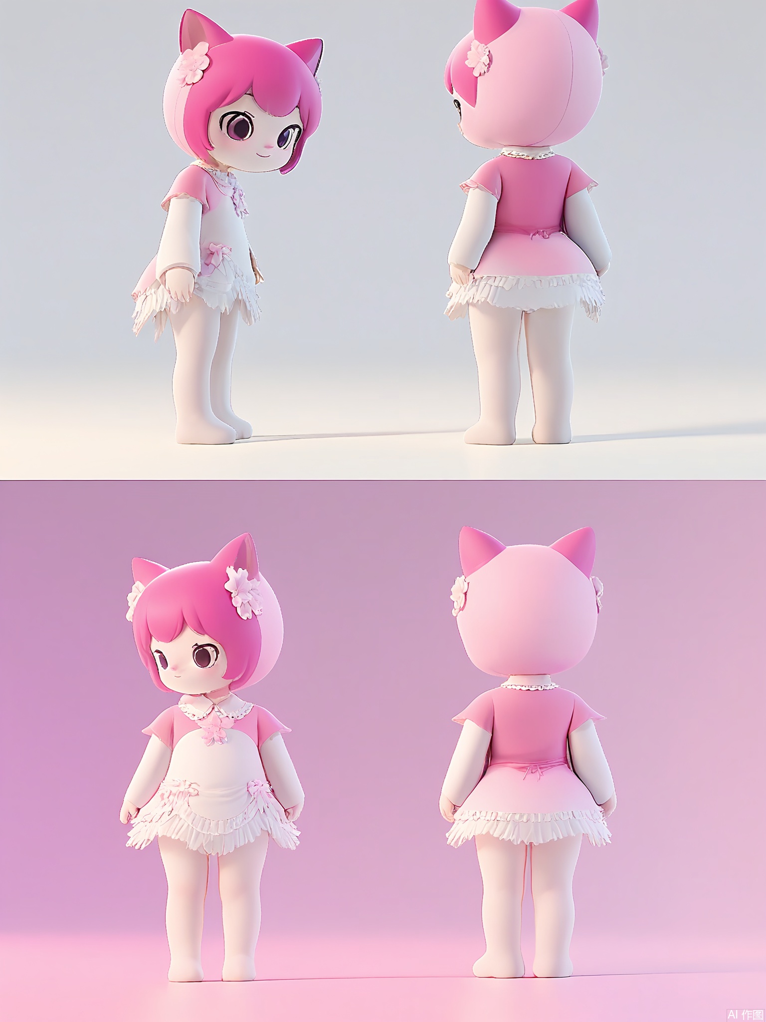 XGXR,
Digital artwork of a sweet, chubby, pink and white cartoon character, a small humanoid creature with a cupcake-shaped head, standing firmly, wearing a white frilly collar, and a pink cherry on top of its head. The character has wide, adoring eyes and a small, pink nose. The background is a plain white with a light baby-pink gradient. The character is shown from three perspectives: front, side, and back. The front view shows the front and a bit of the side, the side view presents the side and back, and the back view displays the back and a small part of the side. The character has a delicious and inviting smile.
