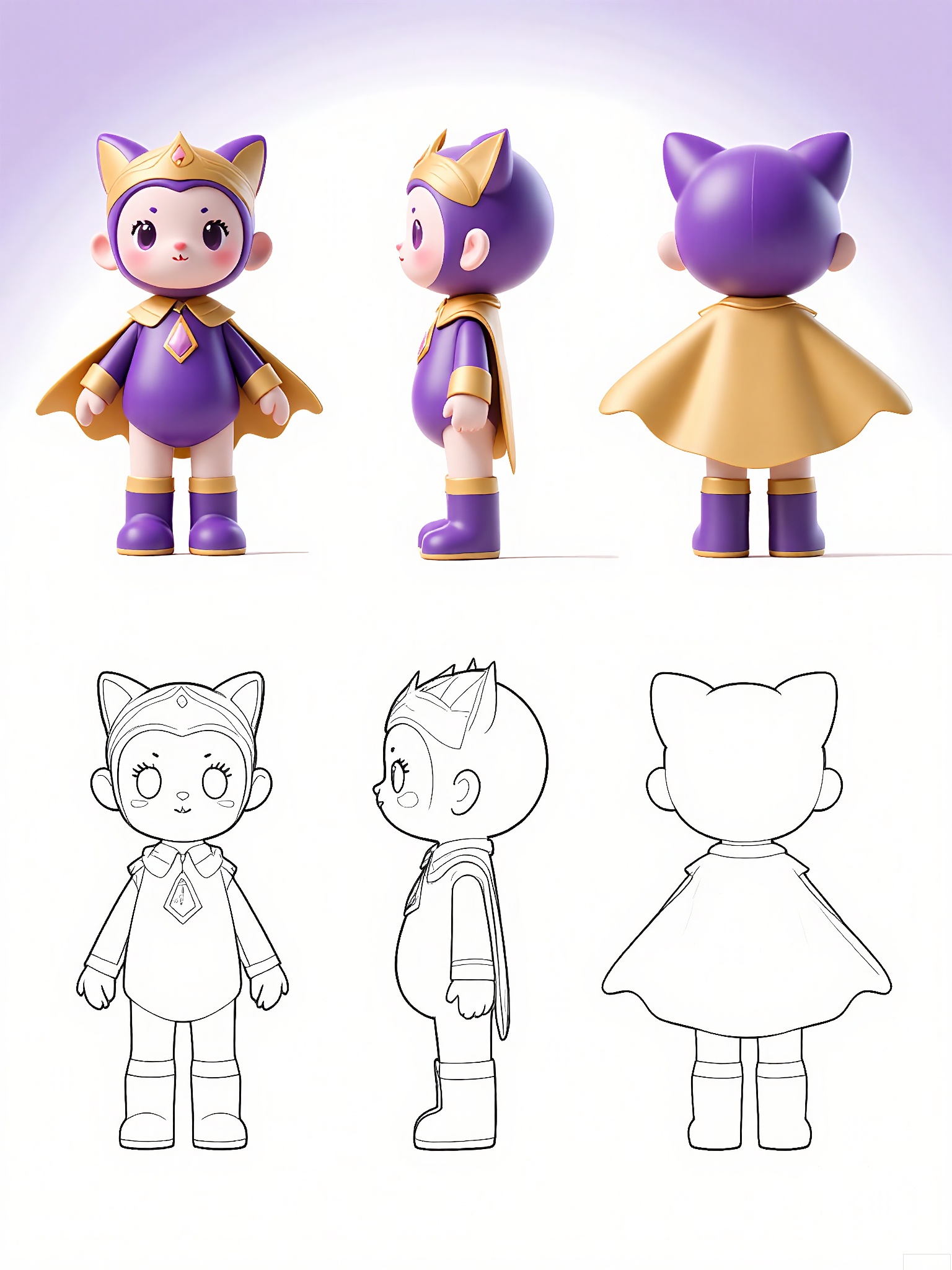 Digital sketch of a cute, plump, purple and gold cartoon character, a small humanoid being with a crown-shaped head, standing upright, wearing a gold cape, and a purple gem on its chest. The character has big, regal eyes and a small, gold-tipped nose. The background is a plain white with a pale lavender-gold gradient. The character is depicted from three angles: front, side, and back. The front view shows the front and a hint of the side, the side view presents the side and back, and the back view displays the back and a touch of the side. The character has a majestic and kind expression.
