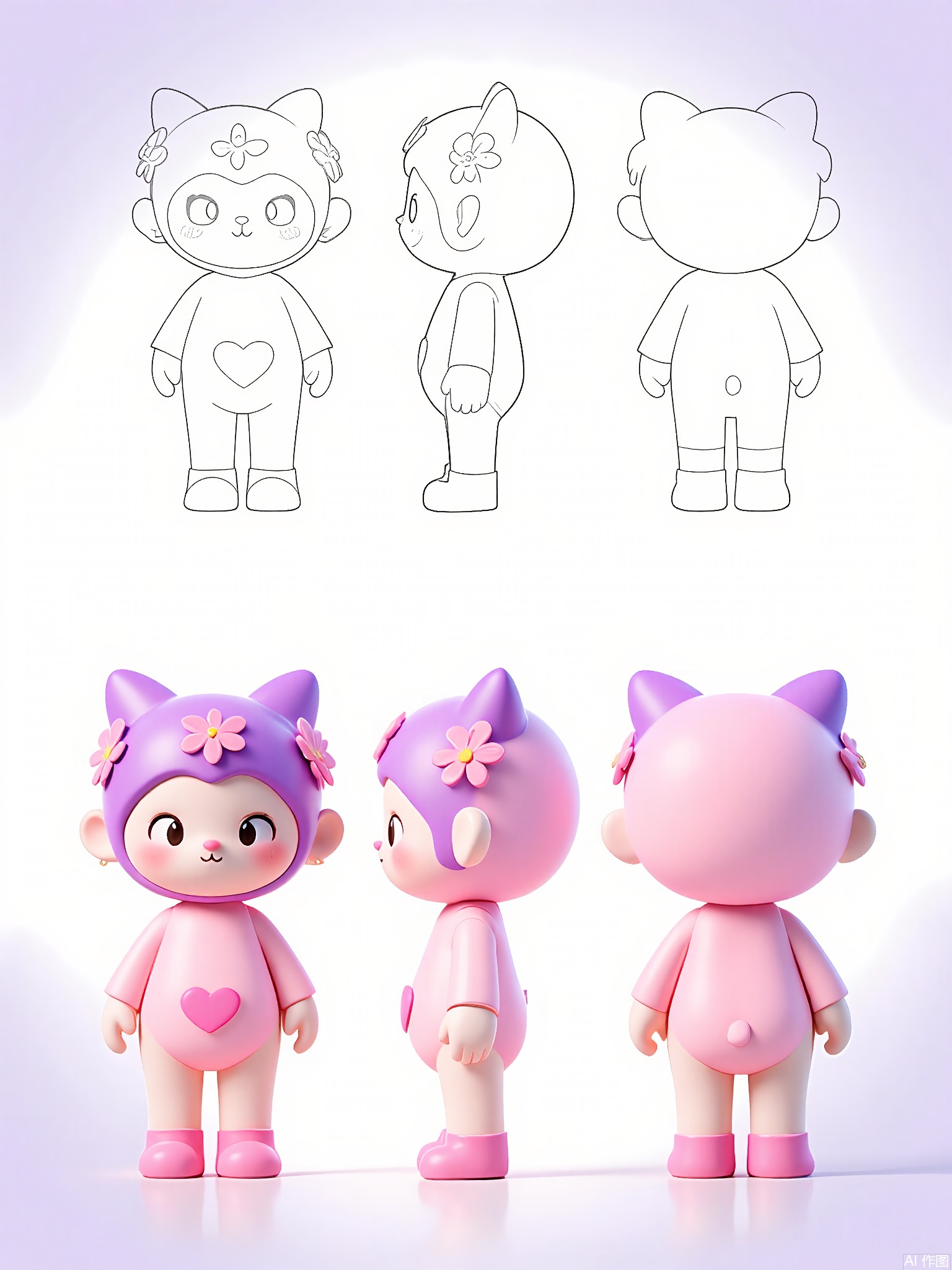 Digital illustration of a sweet, pudgy, pink and purple cartoon character, a little human-like being with a flower-shaped head, standing on two feet, donning a purple headband with a pink flower, and a pink heart on its belly. The character has round, soulful eyes and a small, pink-tipped nose. The background is a simple white with a pale lavender gradient. The character is shown from three perspectives: front, side, and back. The front view reveals the front and a hint of the side, the side view shows the side and back, and the back view displays the back and a touch of the side. The character has a gentle and kind smile.

