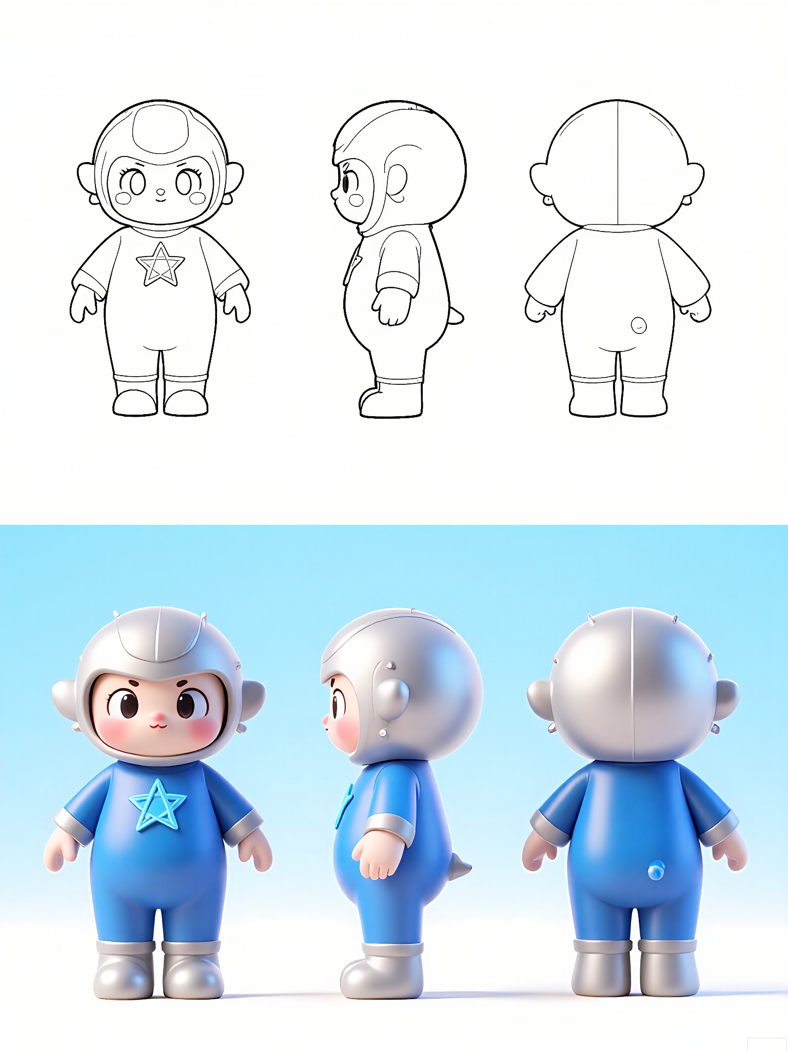Digital rendering of an adorable, chubby, blue and silver cartoon character, a small humanoid creature with a spaceship-shaped head, standing firmly, wearing a silver helmet, and a blue star on its chest. The character has wide, curious eyes and a small, silver nose. The background is a plain white with a light sky-blue gradient. The character is shown from three perspectives: front, side, and back. The front view shows the front and a bit of the side, the side view presents the side and back, and the back view displays the back and a small part of the side. The character has an adventurous and excited look.

