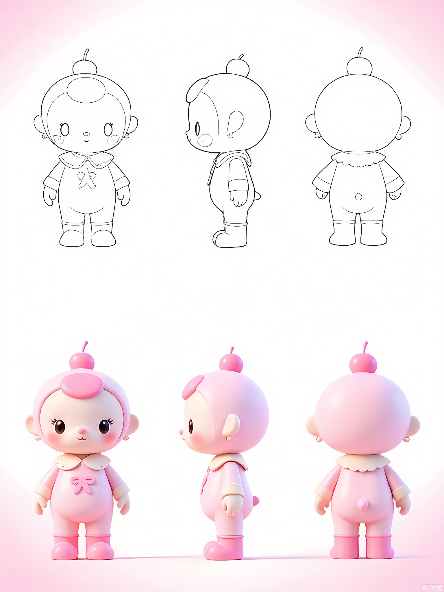Digital artwork of a sweet, chubby, pink and white cartoon character, a small humanoid creature with a cupcake-shaped head, standing firmly, wearing a white frilly collar, and a pink cherry on top of its head. The character has wide, adoring eyes and a small, pink nose. The background is a plain white with a light baby-pink gradient. The character is shown from three perspectives: front, side, and back. The front view shows the front and a bit of the side, the side view presents the side and back, and the back view displays the back and a small part of the side. The character has a delicious and inviting smile.
