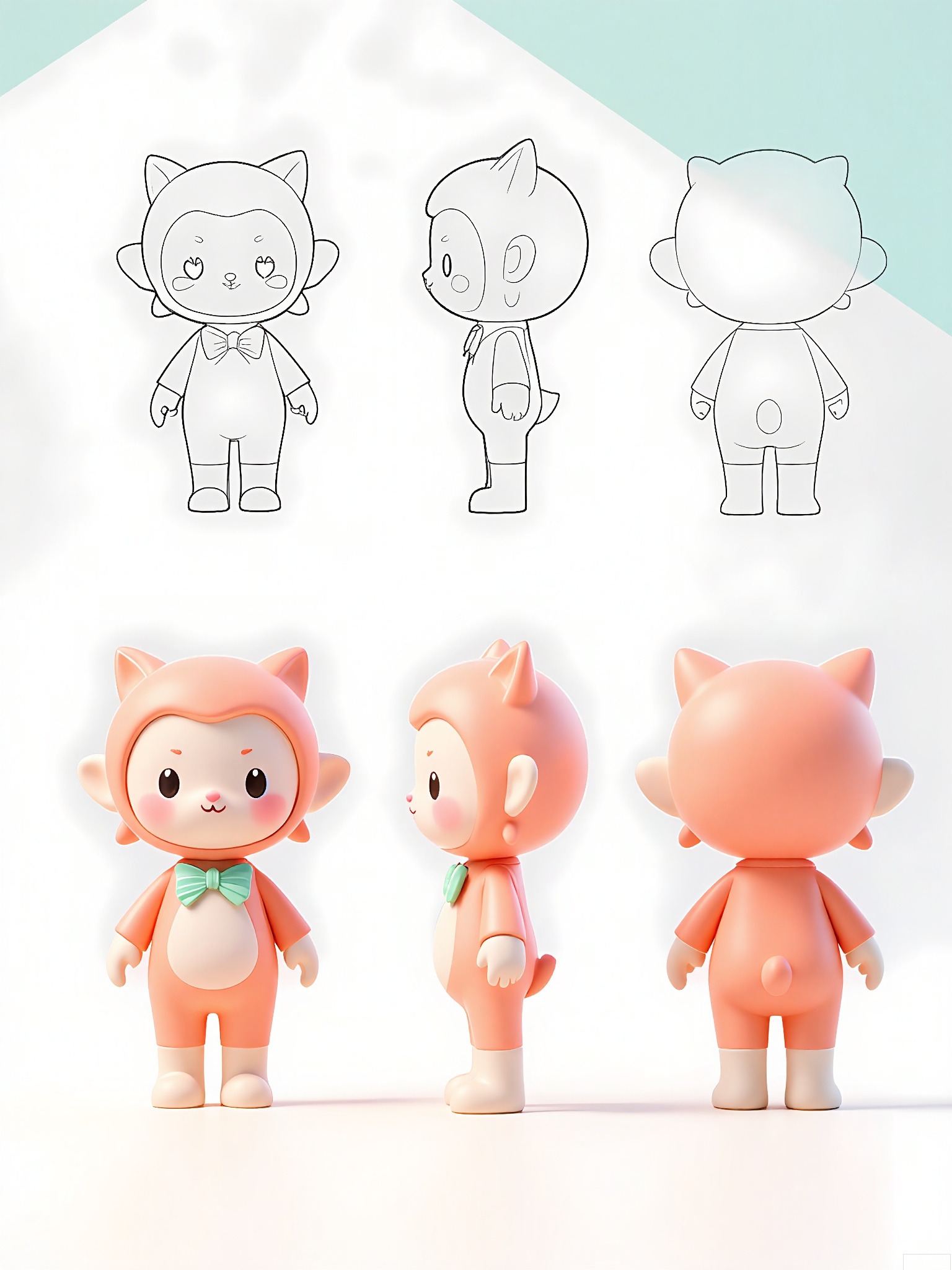 XGXR, Digital art of a charming, plump, coral and mint cartoon character, a tiny, round, imaginary creature with a seashell-shaped head, standing on two little legs, sporting a mint striped bow tie, and a coral pearl on its chest. The character has large, sparkling eyes and a tiny, triangular nose. The background is a plain white with a light diagonal gradient. The character is depicted from three views: front, side, and back. The front view presents the character's front and side, the side view displays the character's side and back, and the back view reveals the character's back and side. The character has a playful and welcoming expression.

