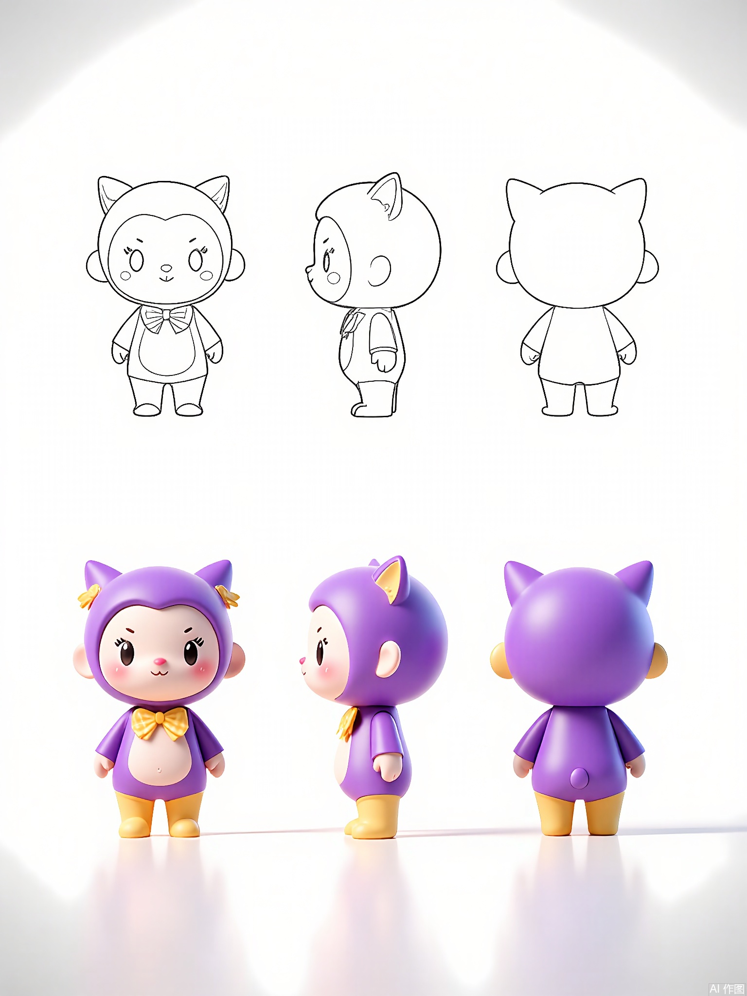 XGXR, Digital art of a lovely, chubby, purple and yellow cartoon character, a tiny, round, fairy-tale creature with a mushroom-shaped head, perched on two short legs, wearing a yellow checkered bow tie, and a purple spot on its chest. The character has large, lively eyes and a small, rounded nose. The background is a simple white with a gentle radial gradient. The character is depicted from three views: front, side, and back. The front view presents the character's front and side, the side view displays the character's side and back, and the back view reveals the character's back and side. The character has a lively and friendly expression.
