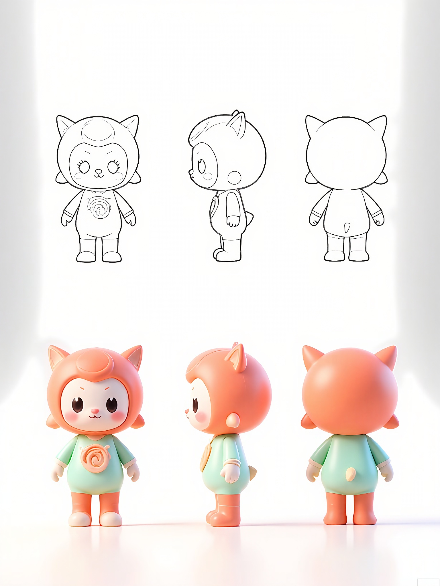 XGXR, Digital art of an endearing, chubby, coral and mint cartoon character, a small, round, fantasy animal with a seashell-shaped head, balancing on two legs, wearing a mint pearl bracelet, and a coral spiral on its chest. The character has large, sparkling eyes and a small, triangular nose. The background is white with a soft vertical gradient. The character is presented from three angles: front, side, and back. The front view displays the front and side, the side view reveals the side and back, and the back view shows the back and side. The character has a serene and oceanic expression.
