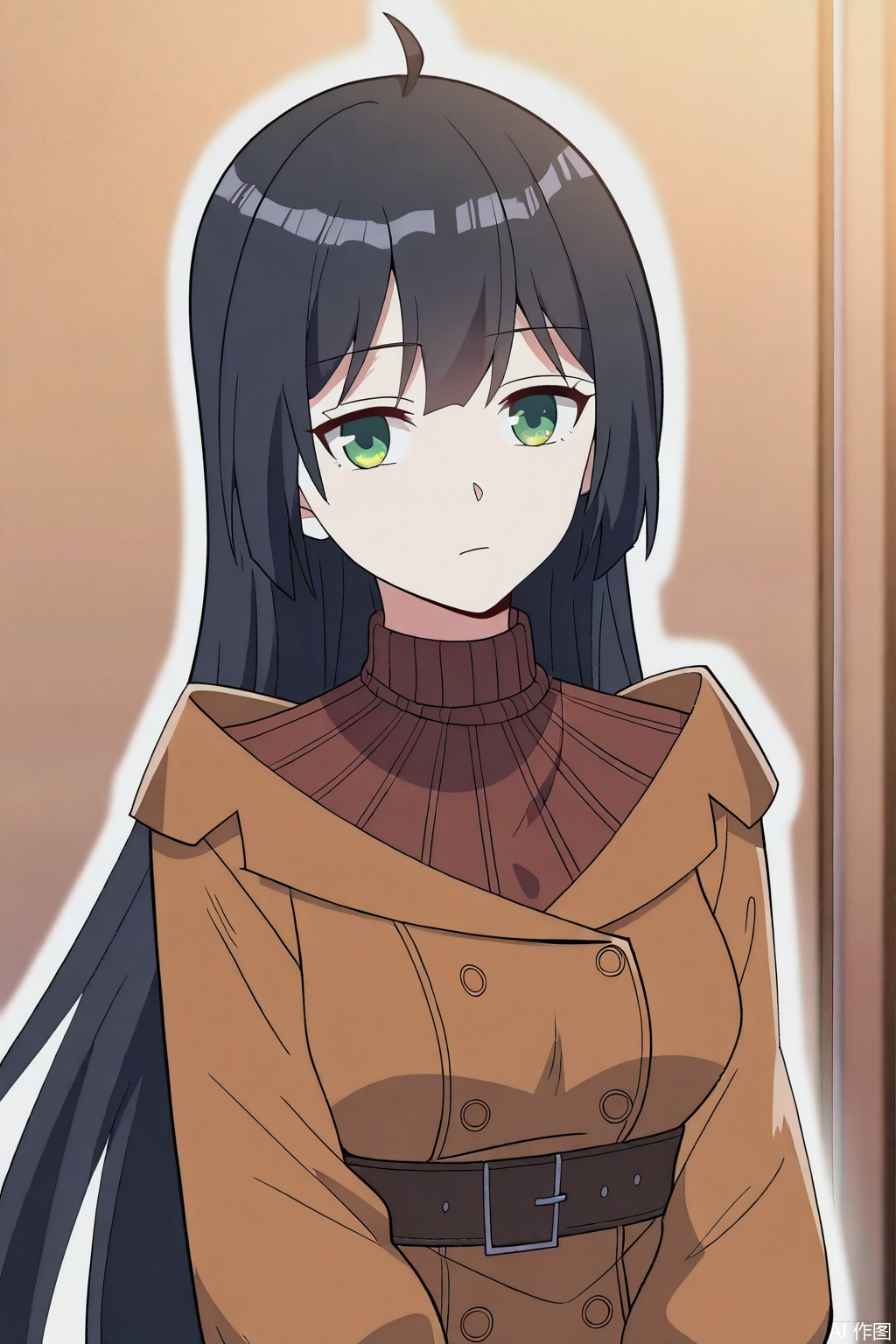 1girl, solo, long hair, breasts, looking at viewer, bangs, black hair, long sleeves, closed mouth, green eyes, ahoge, sweater, coat, turtleneck, expressionless, brown coat,masterpiece,best quality,official art,extremely detailed CG unity 8k wallpaper,
Random scene,upper body,looking at viewer,