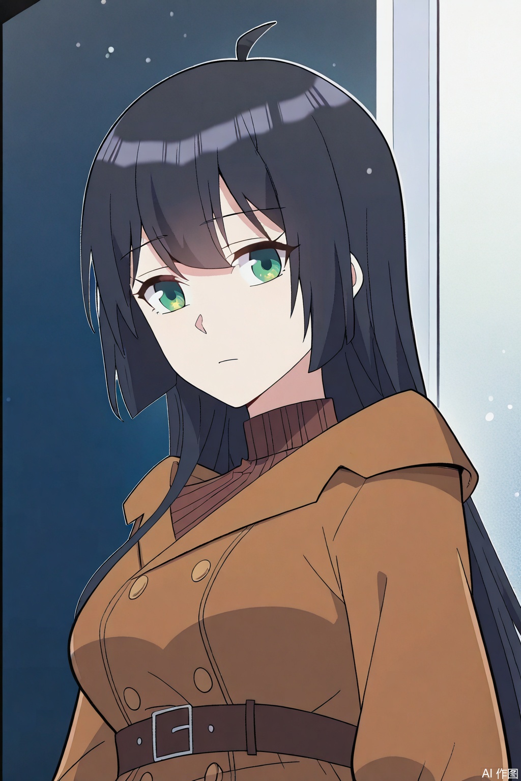 1girl, solo, long hair, breasts, looking at viewer, bangs, black hair, long sleeves, closed mouth, green eyes, ahoge, sweater, coat, turtleneck, expressionless, brown coat,masterpiece,best quality,official art,extremely detailed CG unity 8k wallpaper,
Random scene,upper body,looking at viewer,