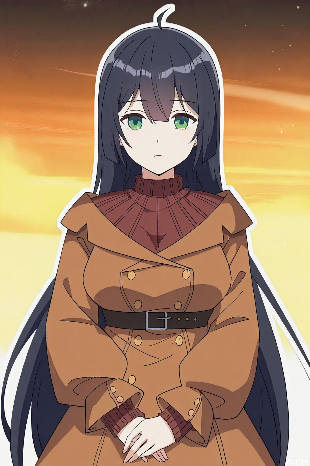 1girl, solo, long hair, breasts, looking at viewer, bangs, black hair, long sleeves, closed mouth, green eyes, ahoge, sweater, coat, turtleneck, expressionless, brown coat,masterpiece,best quality,official art,extremely detailed CG unity 8k wallpaper,
Random scene,upper body,looking at viewer,