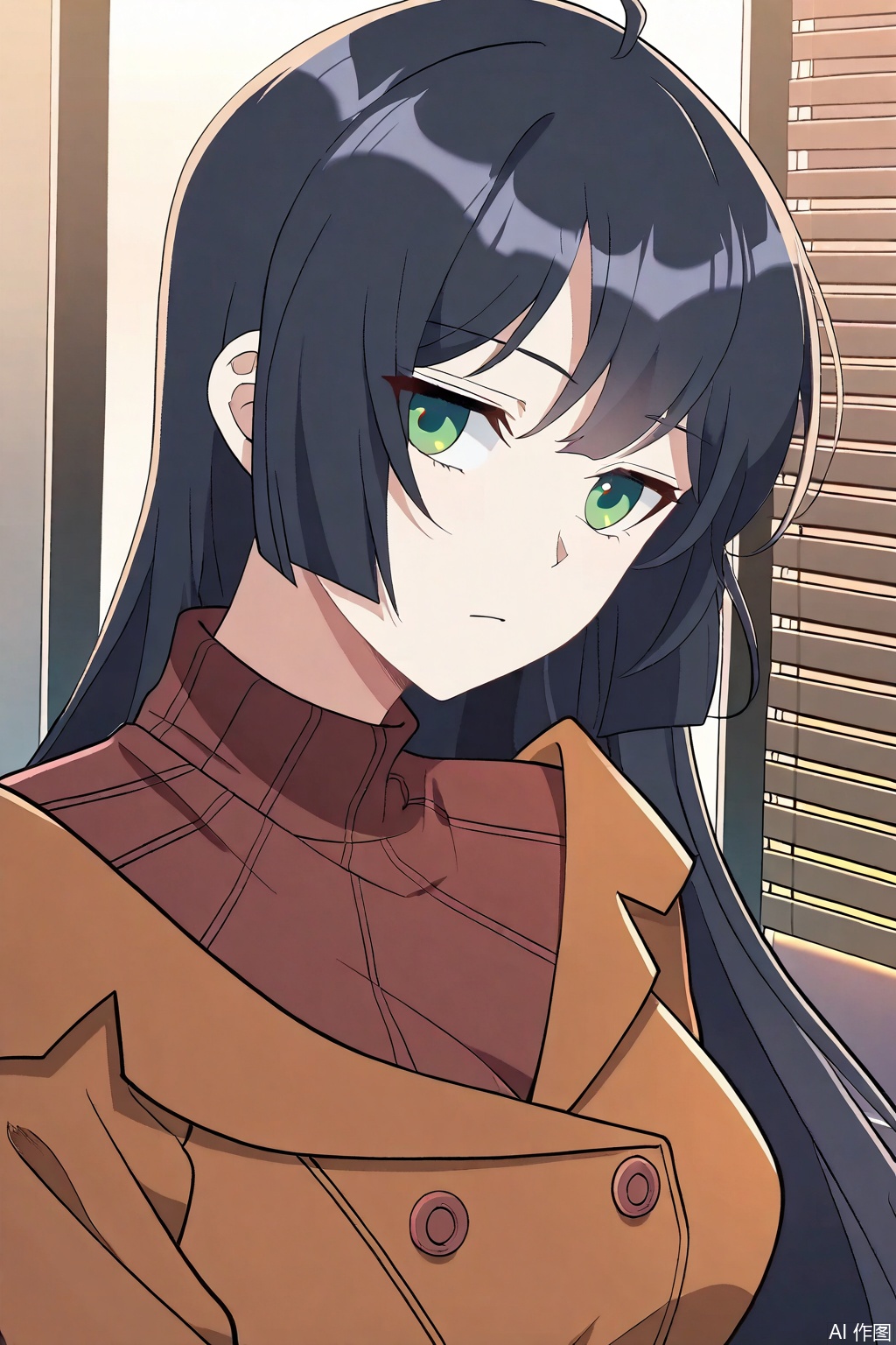 1girl, solo, long hair, breasts, looking at viewer, bangs, black hair, long sleeves, closed mouth, green eyes, ahoge, sweater, coat, turtleneck, expressionless, brown coat,masterpiece,best quality,official art,extremely detailed CG unity 8k wallpaper,
Random scene,upper body,looking at viewer,