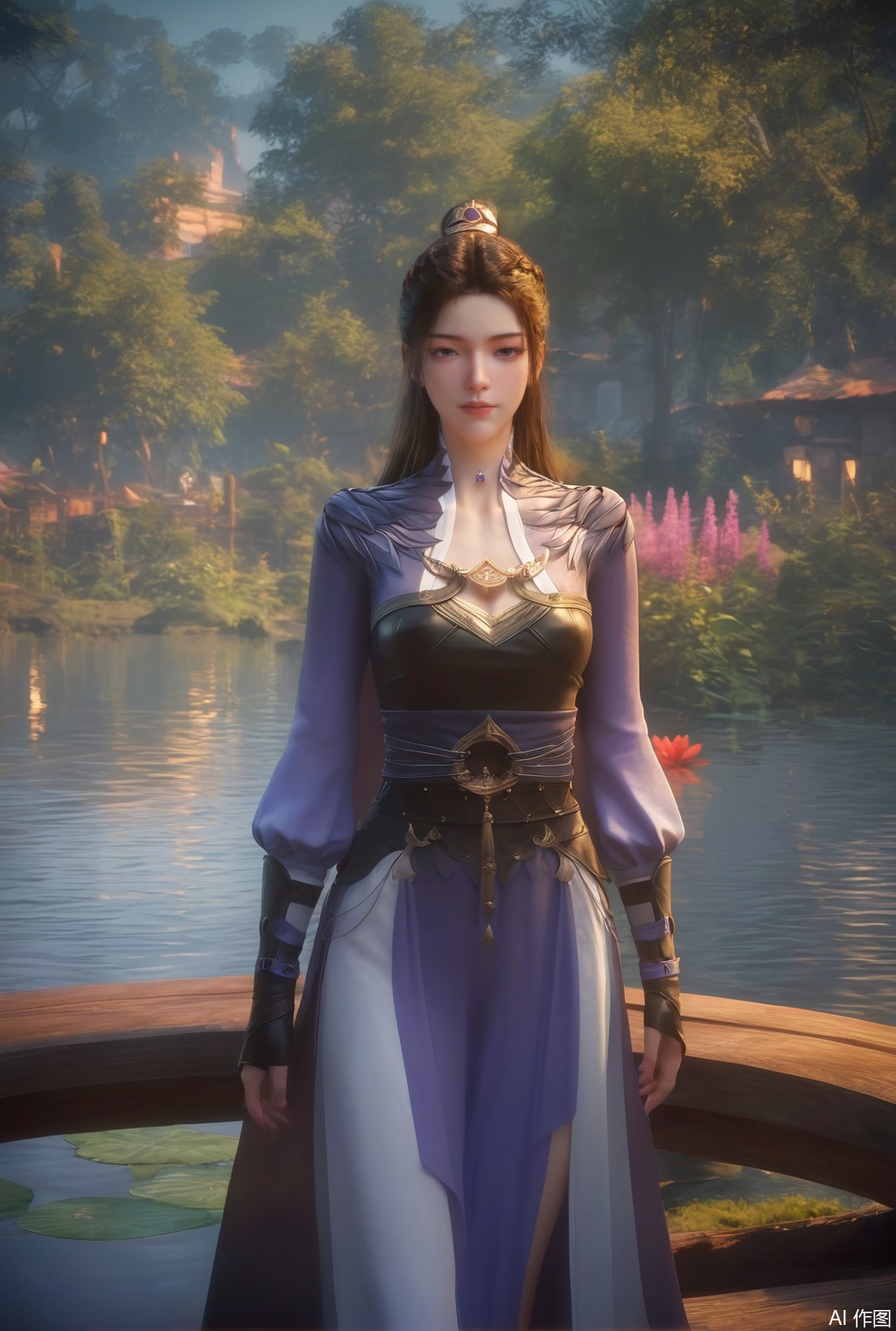 score_9_up,score_8_up,score_7_up,(Masterpiece, Best Quality, High Resolution, 8K Raw),absurdres, highres, Expressiveh, 
1girl, solo, long hair, brown hair, black hair, hair ornament, dress, jewelry,looking at viewer, brown hair, gloves, long sleeves, dress, standing, flower, outdoors, water, tree
