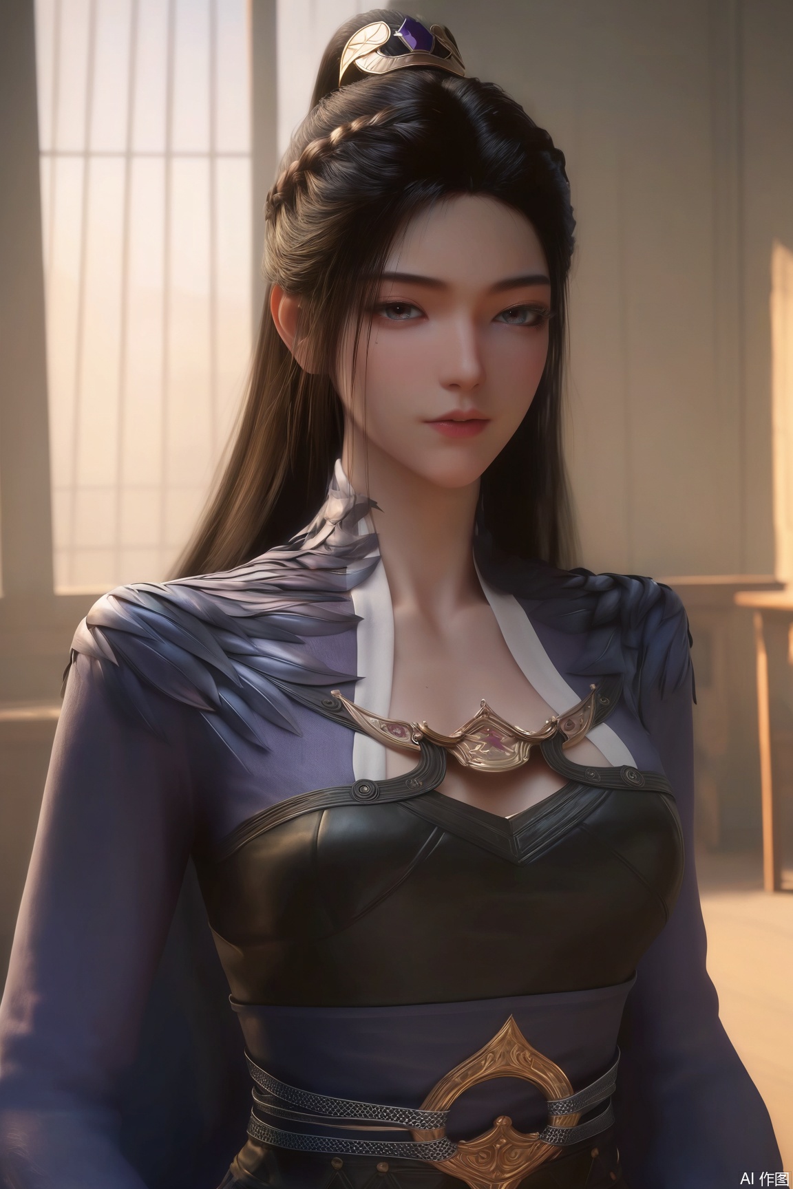 score_9_up,score_8_up,score_7_up,(Masterpiece, Best Quality, High Resolution, 8K Raw),absurdres, highres, Expressiveh, 
1girl, solo, long hair, brown hair, black hair, hair ornament,looking at viewer, 