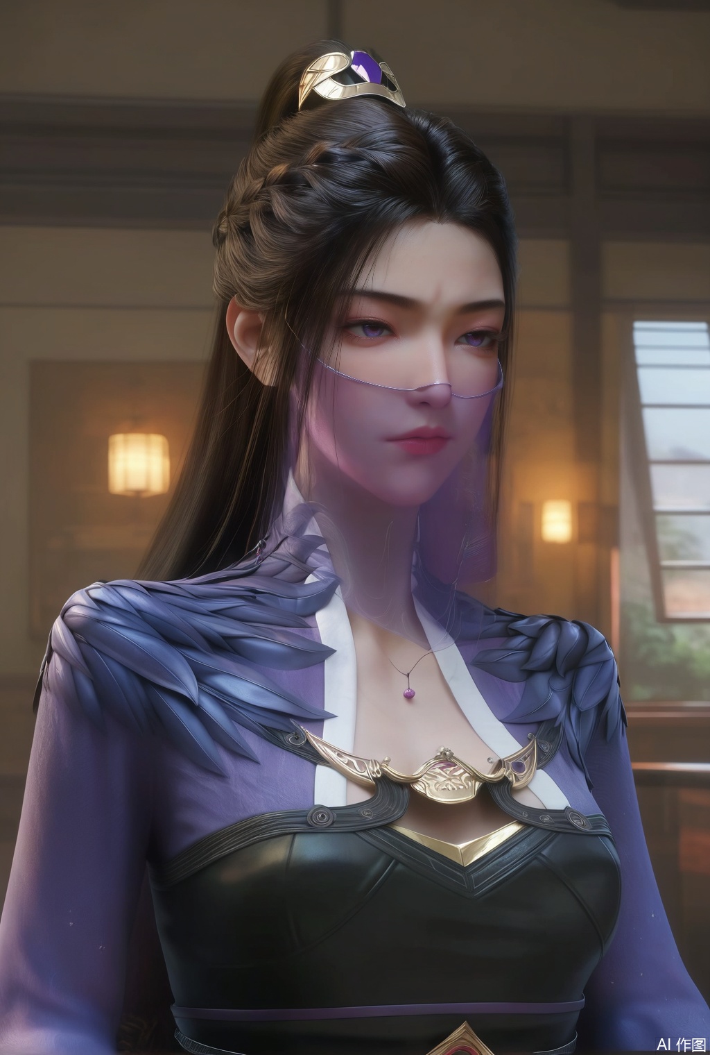 score_9_up,score_8_up,score_7_up,(Masterpiece, Best Quality, High Resolution, 8K Raw),absurdres, highres, Expressiveh, 
1girl, solo, long hair, brown hair, black hair, hair ornament, dress, jewelry, closed mouth, purple eyes, upper body, indoors, necklace, lips, see-through, looking to the side, looking at view, expressionless,  portrait, 