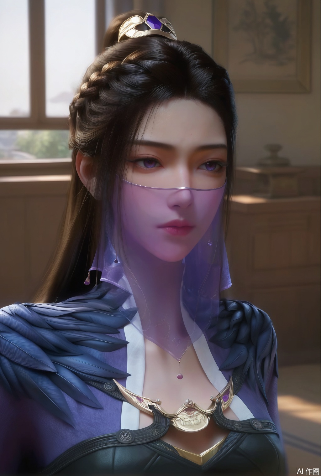 score_9_up,score_8_up,score_7_up,(Masterpiece, Best Quality, High Resolution, 8K Raw),absurdres, highres, Expressiveh, 
1girl, solo, long hair, brown hair, black hair, hair ornament, dress, jewelry, closed mouth, purple eyes, upper body, indoors, necklace, lips, see-through, looking to the side, looking at view, expressionless,  portrait, veil, mouth veil