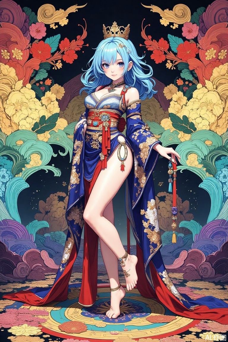 The image is a digital illustration of a young woman with blue hair and a crown on her head
She is wearing a traditional Japanese kimono with a blue and red color scheme and gold accents
The woman is standing in front of a background of colorful flowers and leaves, with a large wave-like design in the background
She has long blue hair that is styled in loose waves and is holding a red and gold tassel in her right hand
Her left hand is resting on her hip and she is looking off to the side with a serious expression on her face
The overall mood of the image is dark and mysterious.