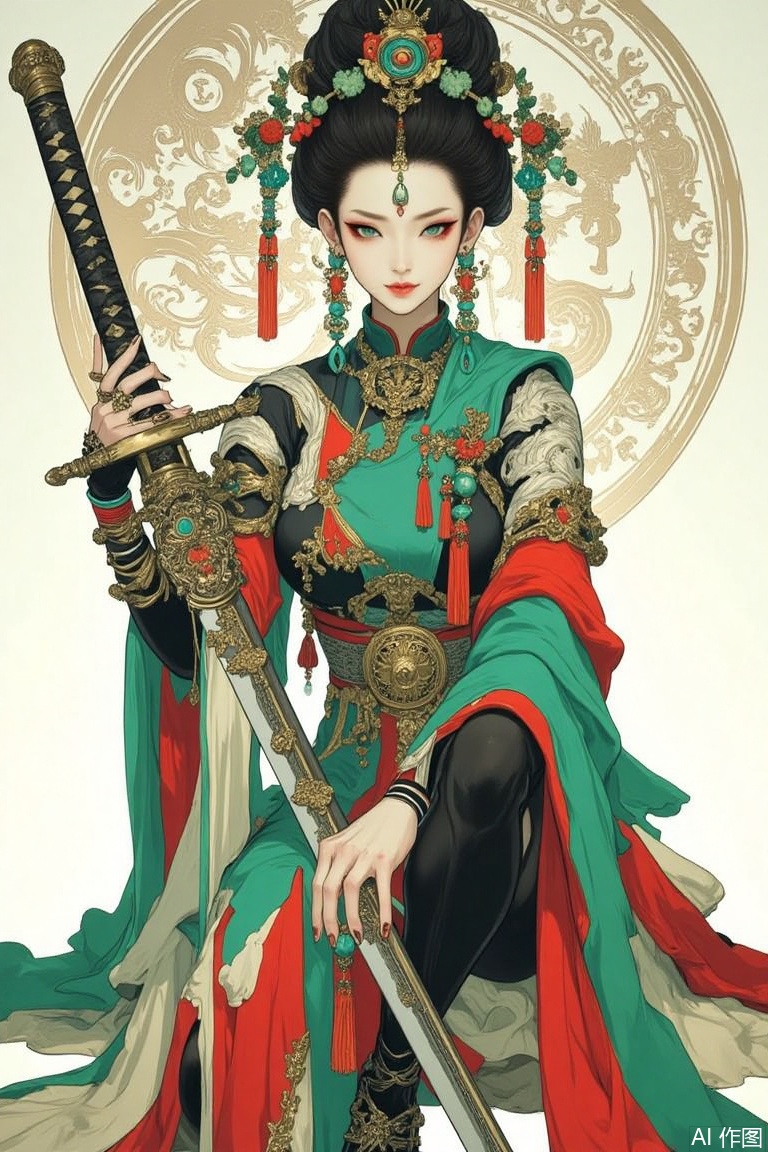 The image is a digital illustration of a Chinese woman sitting on a throne
She is wearing a traditional red and green outfit with intricate details and jewelry
Her hair is styled in a high bun with a large headpiece that is adorned with red and gold accents
She has a serious expression on her face and her eyes are focused on something in the distance. The woman is holding a large sword in her right hand and her left hand is resting on her lap
The sword is made of metal and has intricate designs and patterns on it
The background is a white wall with a circular design
The overall color scheme of the image is predominantly red, green, and gold.