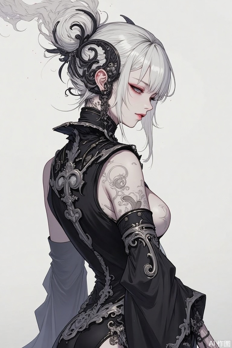 The image is a digital illustration of a woman with white hair and a black and white outfit
She is standing with her back to the viewer, facing away from the viewer
The woman has a serious expression on her face and her eyes are closed, as if she is deep in thought
The outfit is made up of a black bodysuit with a high neckline and long sleeves, and it is decorated with intricate patterns and designs
The bodysuits have a high collar and cuffs, and the sleeves are long and flowing. The woman's hair is styled in a dramatic updo, with a large, ornate headpiece that covers her entire face
The headpiece is made of black and silver metal, with intricate details and patterns
The overall style of the outfit is dark and edgy, with bold lines and curves
The background is a pale grey color, and there is a hint of smoke or fog in the top left corner of the image.