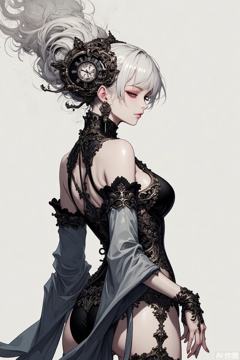 The image is a digital illustration of a woman with white hair and a black and white outfit
She is standing with her back to the viewer, facing away from the viewer
The woman has a serious expression on her face and her eyes are closed, as if she is deep in thought
The outfit is made up of a black bodysuit with a high neckline and long sleeves, and it is decorated with intricate patterns and designs
The bodysuits have a high collar and cuffs, and the sleeves are long and flowing. The woman's hair is styled in a dramatic updo, with a large, ornate headpiece that covers her entire face
The headpiece is made of black and silver metal, with intricate details and patterns
The overall style of the outfit is dark and edgy, with bold lines and curves
The background is a pale grey color, and there is a hint of smoke or fog in the top left corner of the image.