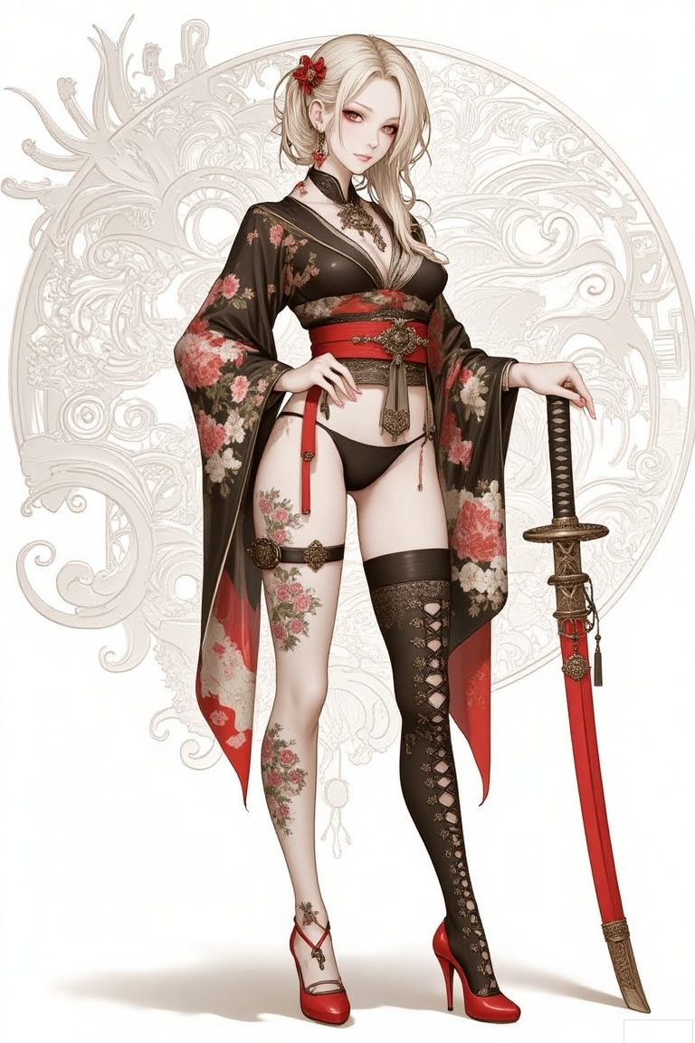 The image is a digital illustration of a woman dressed in a traditional Japanese outfit
She is standing with her body slightly turned to the side, holding a large sword in her right hand
The woman has long blonde hair styled in loose waves and is wearing a black and red kimono with a floral pattern
She also has a red belt around her waist and black thigh-high stockings with a lace-up design
The outfit also has red high heels
The background is white with a circular design that appears to be made up of intricate patterns and swirls
The overall style of the outfit is elegant and sophisticated.
