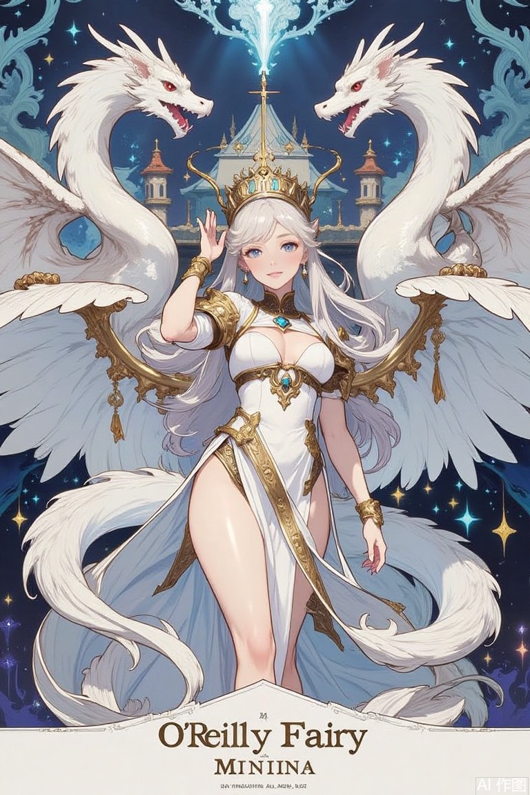 The image is a digital illustration of a female character named Minina, who is a character from the video game series "O'Reilly Fairy"
She is wearing a white dress with gold accents and a crown on her head
She has long white hair and is holding a sword in her right hand
She is standing in front of a blue background with a castle-like structure in the background. In the center of the image, Minina is standing with her left hand on her hip and her right arm raised in the air, as if she is ready for battle
Her wings are spread out behind her, and she is holding two white dragons on either side of her
The dragons are flying around her, with their wings spread wide and their heads turned towards the viewer
The background is filled with stars and a crescent moon, giving the image a magical and mystical feel
The title of the game is written in gold lettering at the bottom of the illustration.