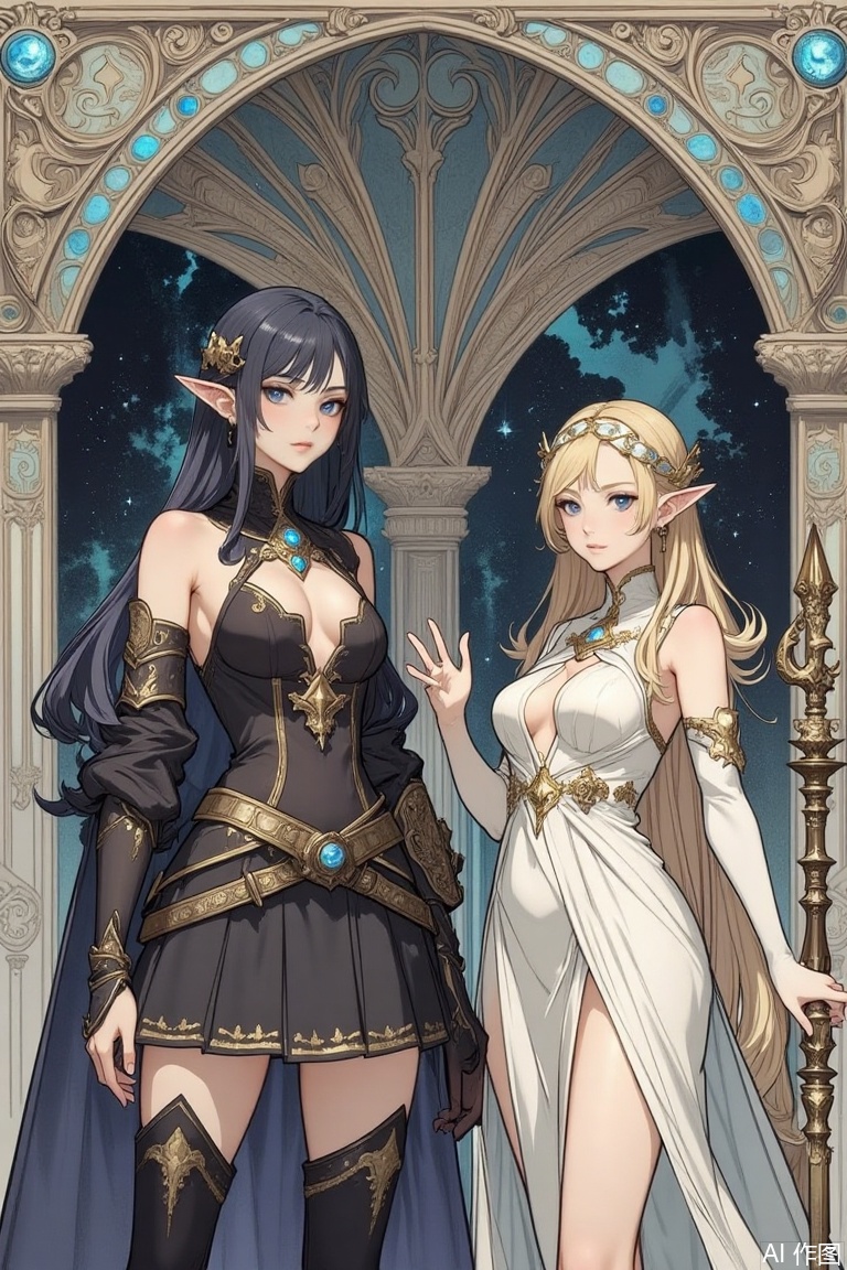 The image is an illustration of two female characters standing side by side in front of a Gothic-style archway
The archway is decorated with intricate designs and patterns, and the background is a deep blue color. The character on the left is a young woman with long black hair and blue eyes, wearing a black and gold outfit with a high neckline and long sleeves
She has a fierce expression on her face and is holding a sword in her right hand
The character in the middle is a younger woman with blonde hair and a white dress with gold accents
She is also holding a staff in her left hand and is looking off to the side with a serious expression
Both characters appear to be in a battle-ready stance, ready for battle.
