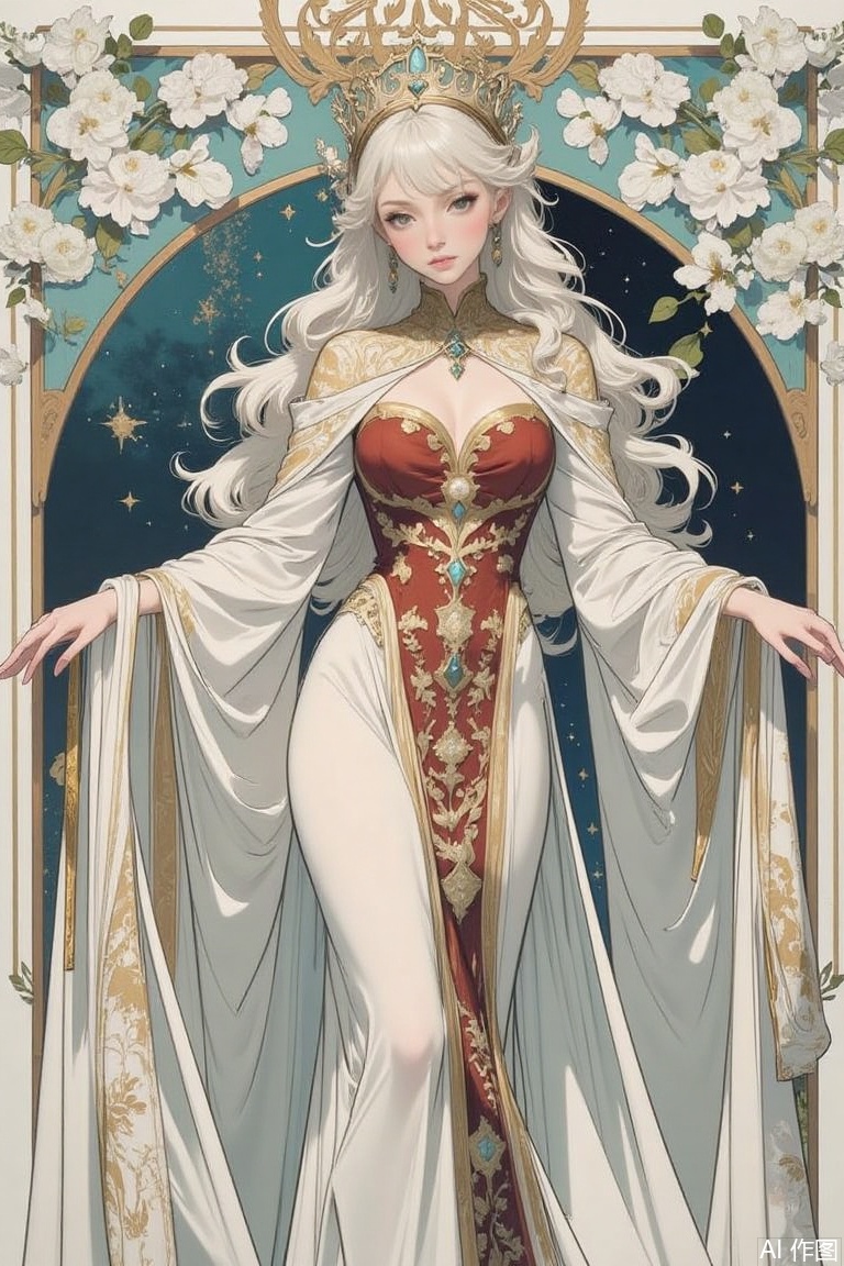The image is a digital illustration of a young woman with long white hair and a crown on her head
She is standing in front of a blue background with a floral archway in the background
The woman is wearing a long, flowing white dress with gold accents and a red and gold bodice
The dress has a high neckline and long sleeves, and the bodice is decorated with intricate patterns and designs
She has a pair of gold earrings and a necklace with a pendant
Her hair is styled in loose curls and she is looking off to the side with a serious expression on her face
The overall style of the illustration is elegant and regal.
