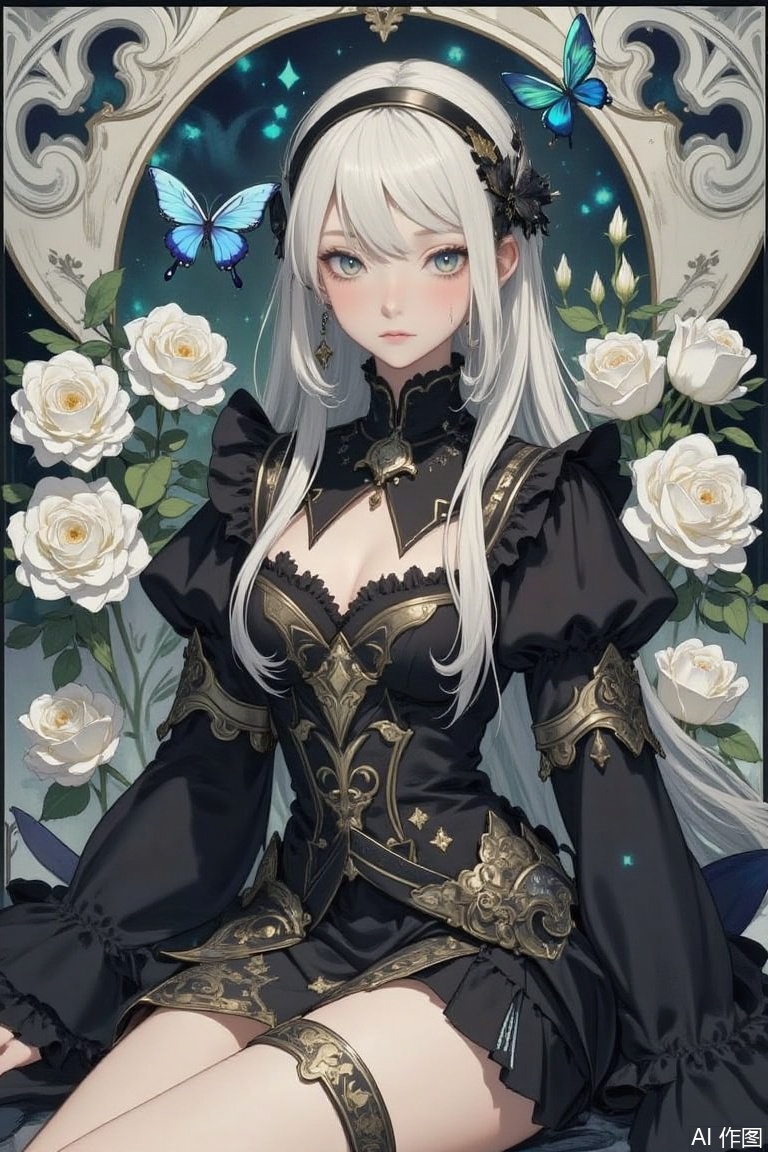 The image is a digital illustration of a young woman with long white hair and blue eyes
She is wearing a black and gold outfit with intricate details and patterns
The outfit has a high neckline and long sleeves with ruffles on the sleeves
The woman is sitting in front of a background of white roses and blue butterflies
She has a serious expression on her face and is looking off to the side
The overall mood of the image is dark and mysterious.