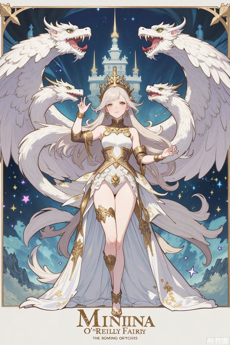The image is a digital illustration of a female character named Minina, who is a character from the video game series "O'Reilly Fairy"
She is wearing a white dress with gold accents and a crown on her head
She has long white hair and is holding a sword in her right hand
She is standing in front of a blue background with a castle-like structure in the background. In the center of the image, Minina is standing with her left hand on her hip and her right arm raised in the air, as if she is ready for battle
Her wings are spread out behind her, and she is holding two white dragons on either side of her
The dragons are flying around her, with their wings spread wide and their heads turned towards the viewer
The background is filled with stars and a crescent moon, giving the image a magical and mystical feel
The title of the game is written in gold lettering at the bottom of the illustration.