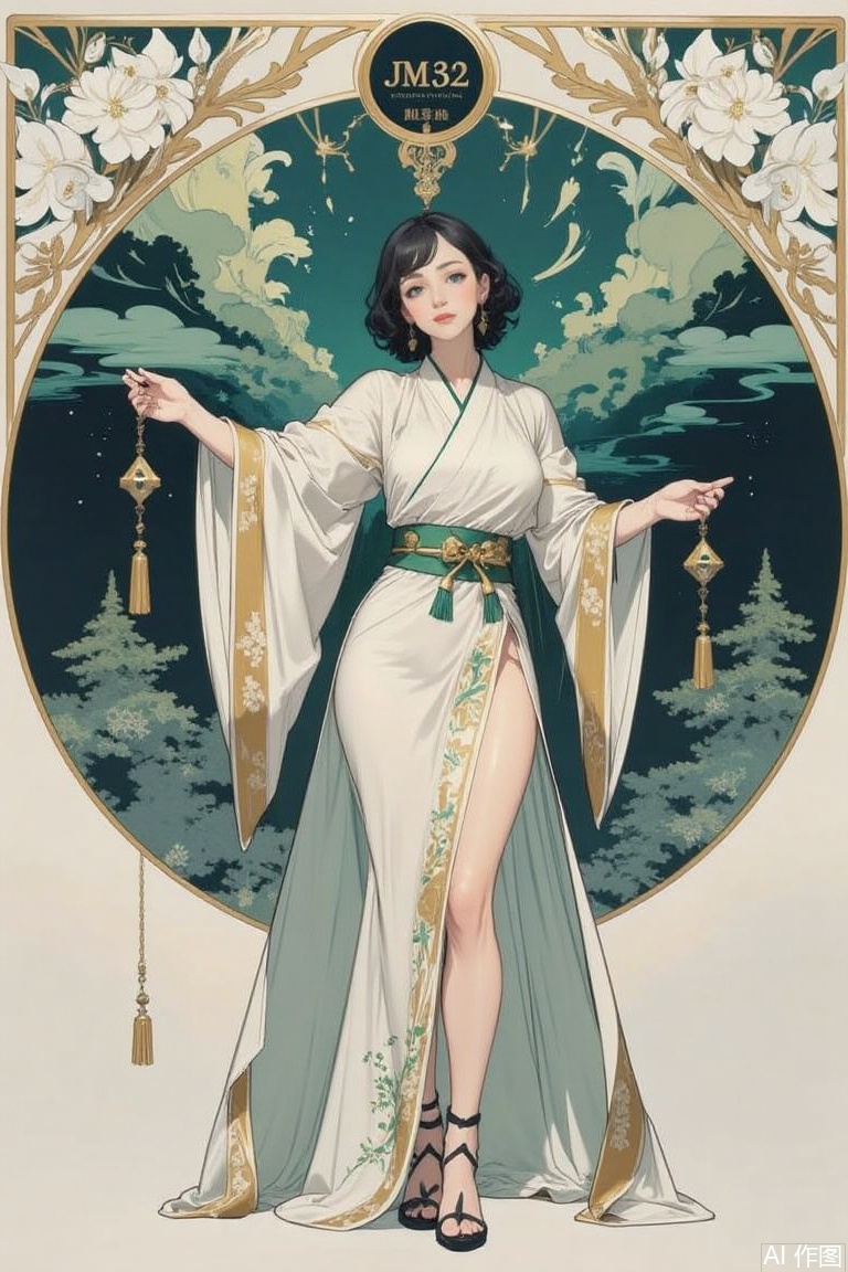The image is a digital illustration of a woman in a traditional Japanese outfit
She is standing in front of a green background with a gold frame around her
The woman is wearing a long, flowing white dress with gold accents and a green belt
She has dark hair styled in loose curls and is holding a staff in her right hand
The dress has a high slit on the side, revealing her legs
The frame is decorated with white flowers and leaves, and there is a gold emblem at the top that reads "JM32"
The overall style of the illustration is elegant and regal.
